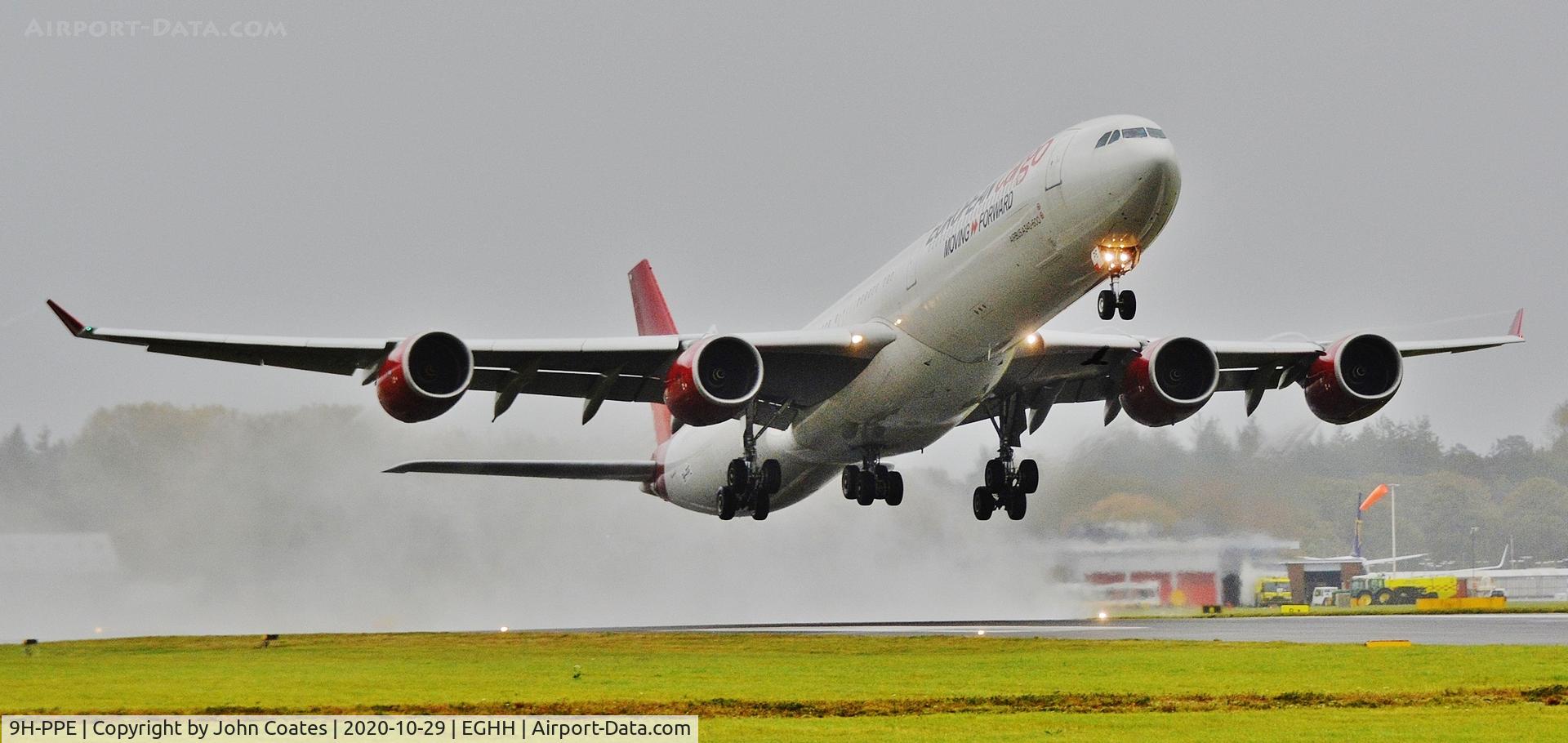 9H-PPE, 2006 Airbus A340-642 C/N 787, Wet departure from 26