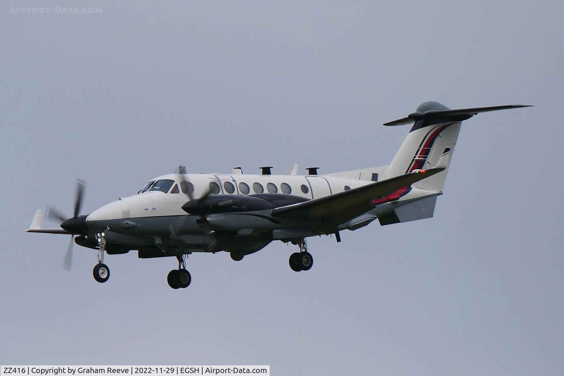 ZZ416, 2007 Beechcraft Shadow R.Mk1 (350CER) Super King Air C/N FM-14, On approach to Norwich.