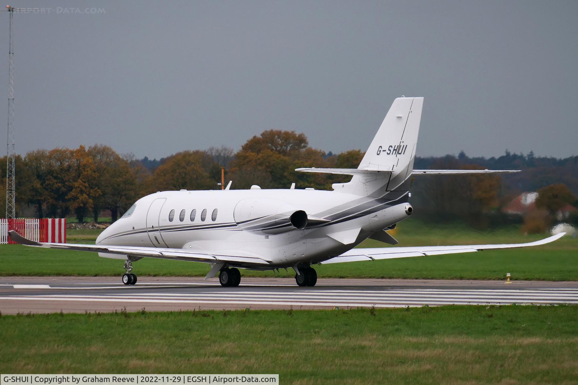 G-SHUI, 2017 Cessna 680A Citation Latitude C/N 680A-0102, Departing from Norwich in fog.