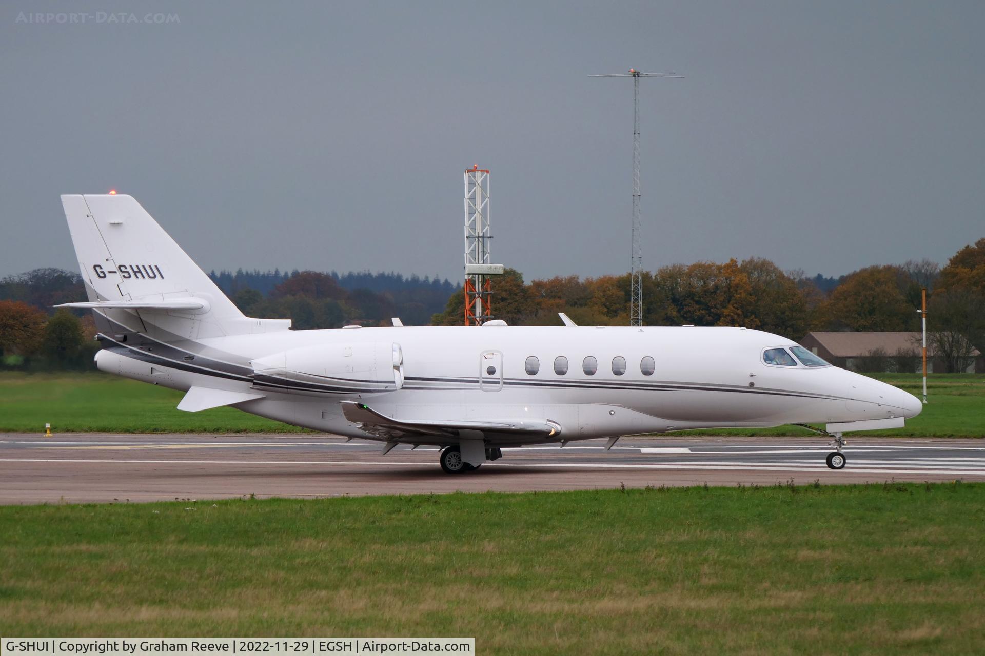 G-SHUI, 2017 Cessna 680A Citation Latitude C/N 680A-0102, Departing from Norwich in fog.
