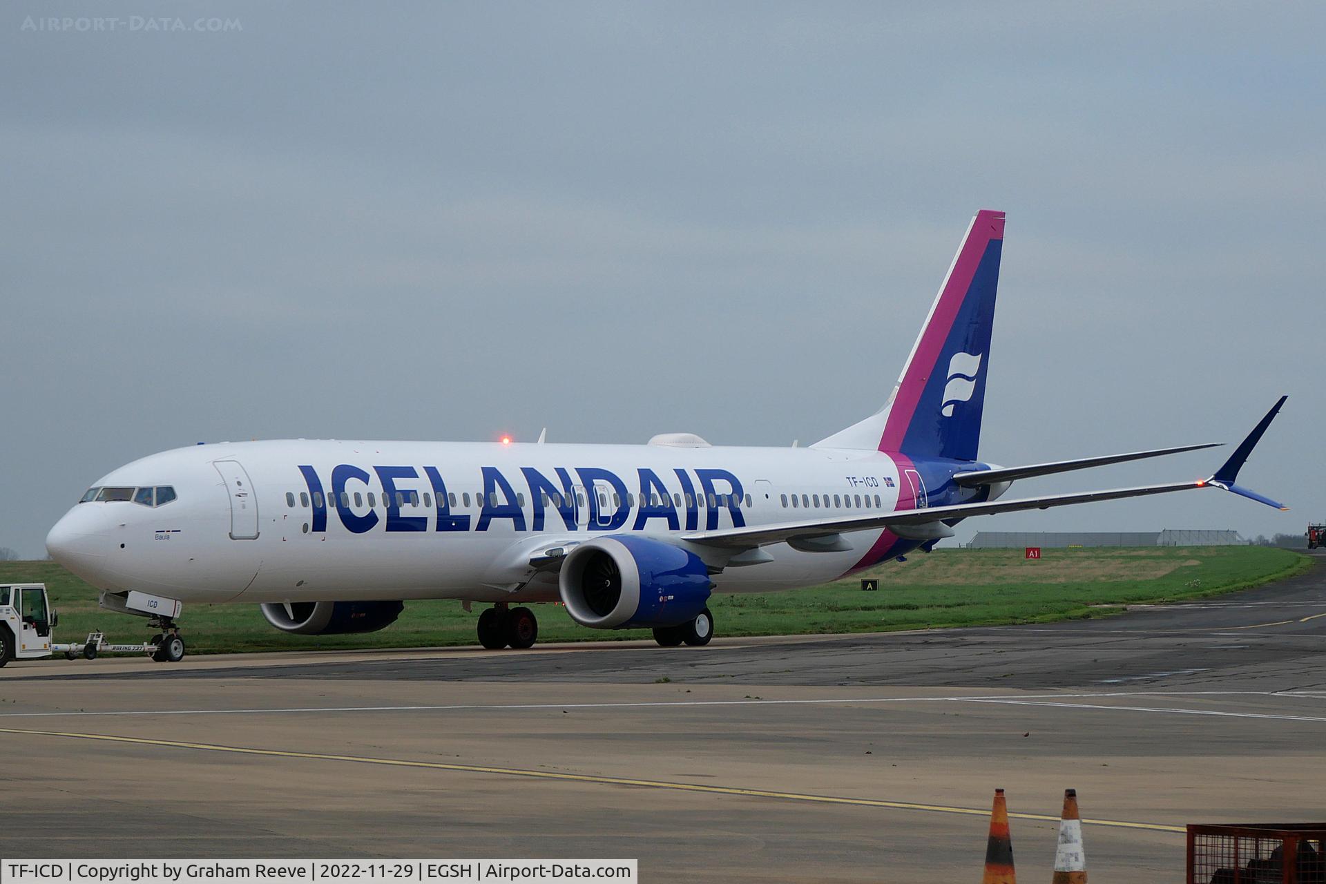 TF-ICD, 2021 Boeing 737-9 MAX C/N 44361, Under tow at Norwich, after a re-spray into a new scheme.