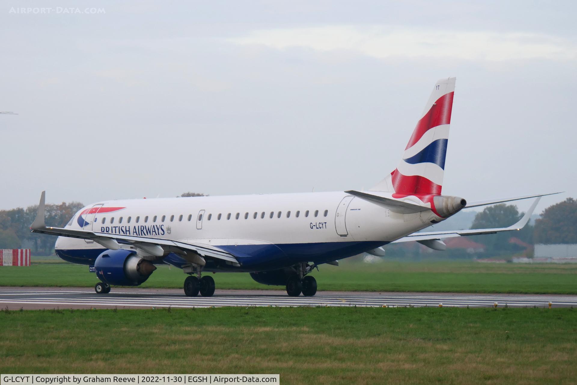 G-LCYT, 2014 Embraer 190SR (ERJ-190-100SR) C/N 19000670, Departing from Norwich.