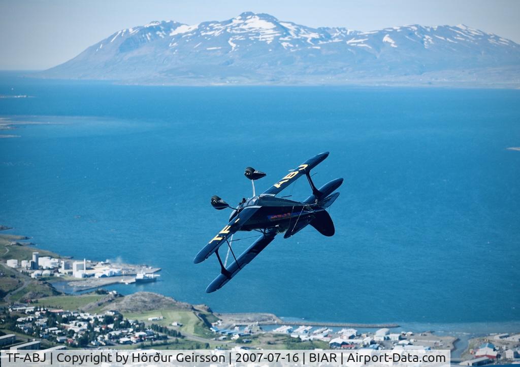TF-ABJ, 1995 Precision Wings Canada Pitts S1 C/N 1, Owner Arngrímur Jóhannsson flying TF-ABJ in an air show over Akureyri, July 2007.