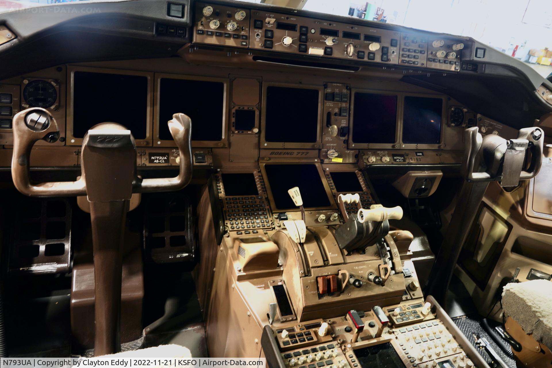 N793UA, 1997 Boeing 777-222 C/N 26946, Blurry flightdeck shot. SFO 2022.