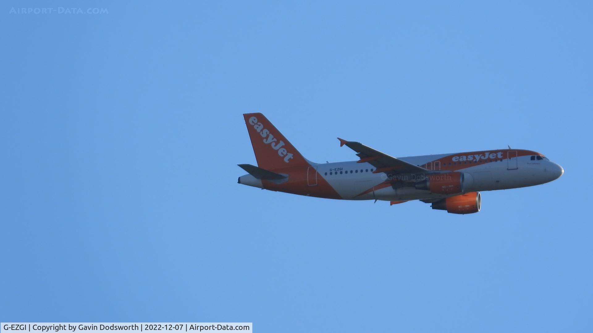 G-EZGI, 2011 Airbus A319-111 C/N 4693, Over Darlington on December 7th 2022 whilst on crew training at Teesside Airport