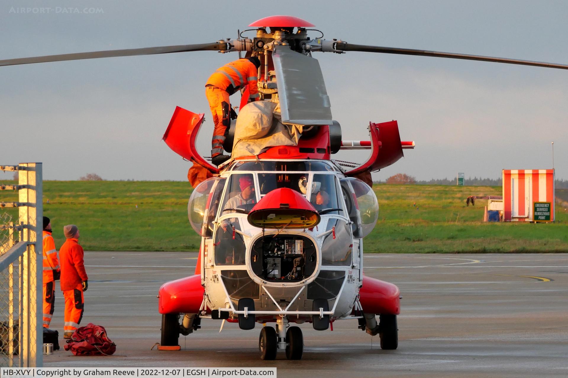 HB-XVY, 1982 Aerospatiale AS-332C-1 Super Puma C/N 2033, Just landed at Norwich.