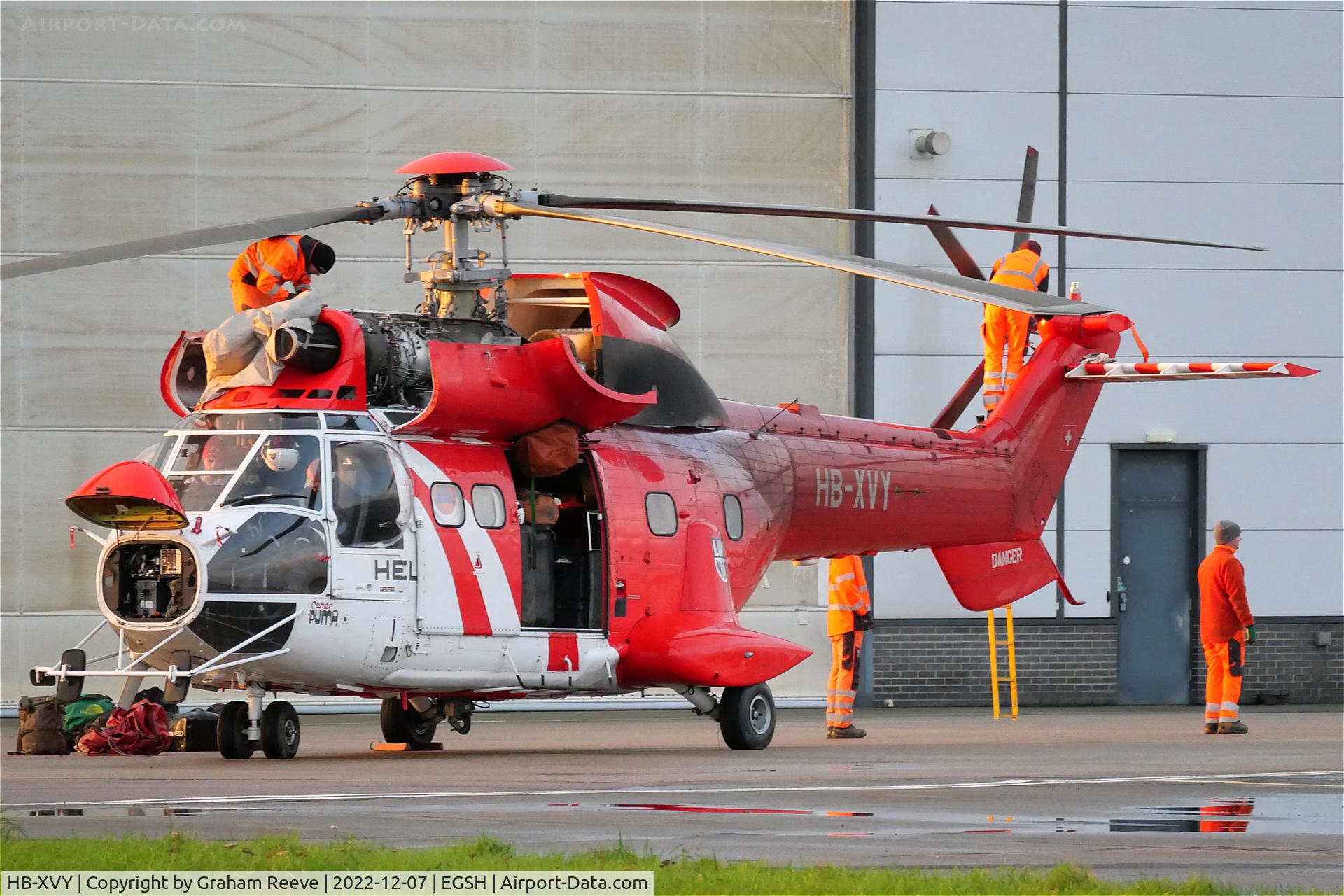 HB-XVY, 1982 Aerospatiale AS-332C-1 Super Puma C/N 2033, Just landed at Norwich.