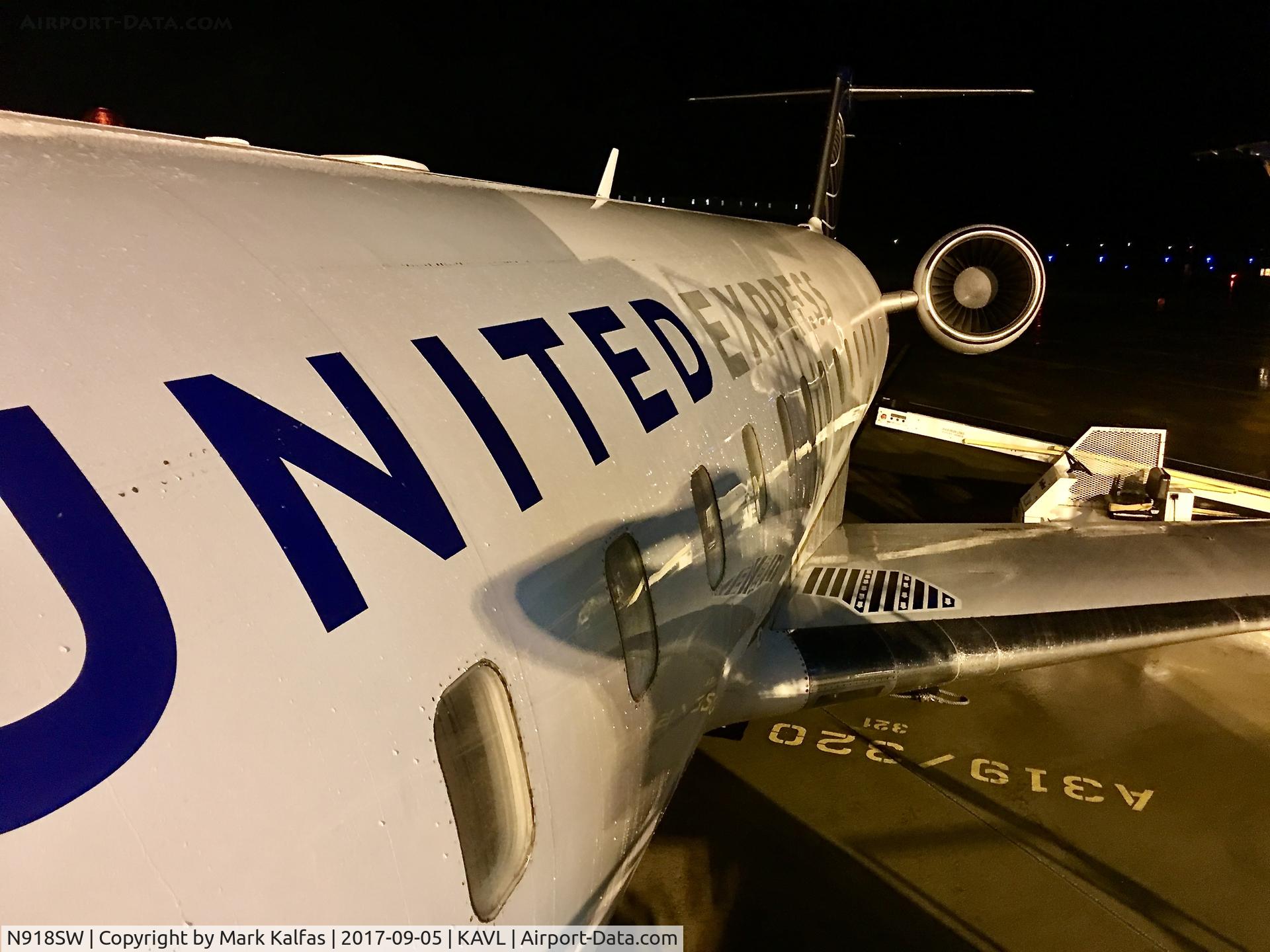 N918SW, 2002 Bombardier CRJ-200LR (CL-600-2B19) C/N 7645, SkyWest/United Express Bombardier CRJ-200LR, N918SW at Asheville, NC.