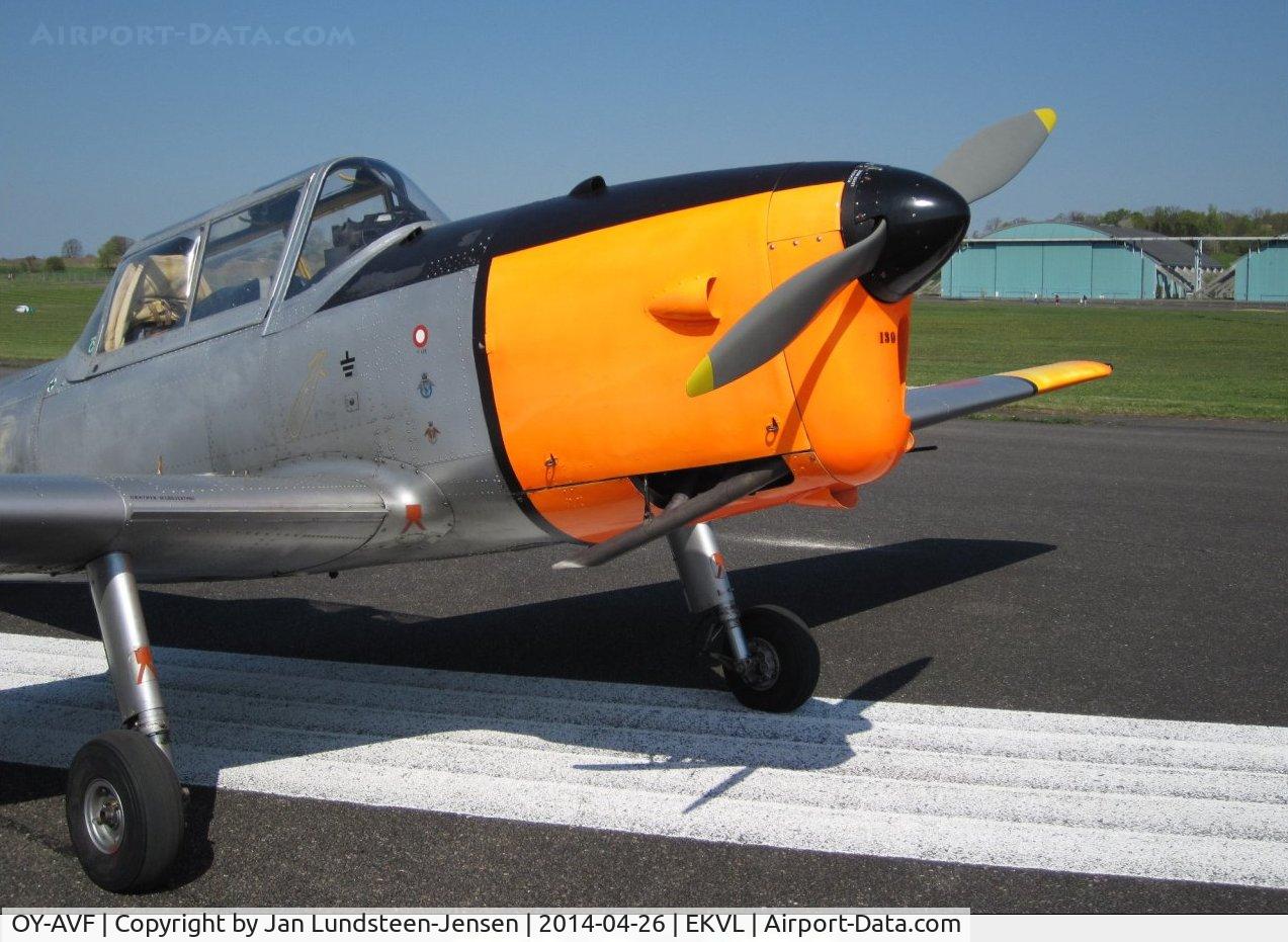 OY-AVF, 1953 De Havilland DHC-1 Chipmunk 22 C/N C1/0794, Chipmunk  OY-AVF seen at a small airshow at Vaerloese, 
Denmark. This plane is ex Royal Danish Air Force P-139 
and it is painted in a colour scheme it wore in the air 
force.