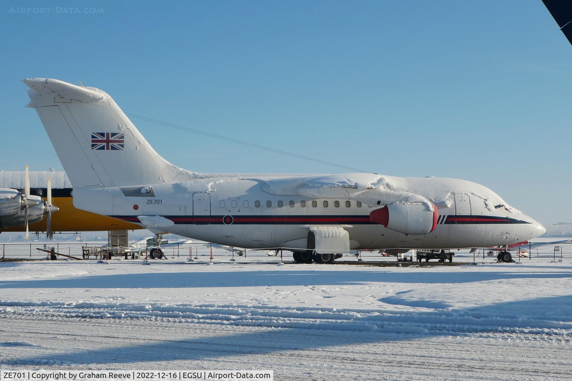 ZE701, 1985 British Aerospace BAe.146 CC.2 C/N E1029, Parked at Duxford in the snow.