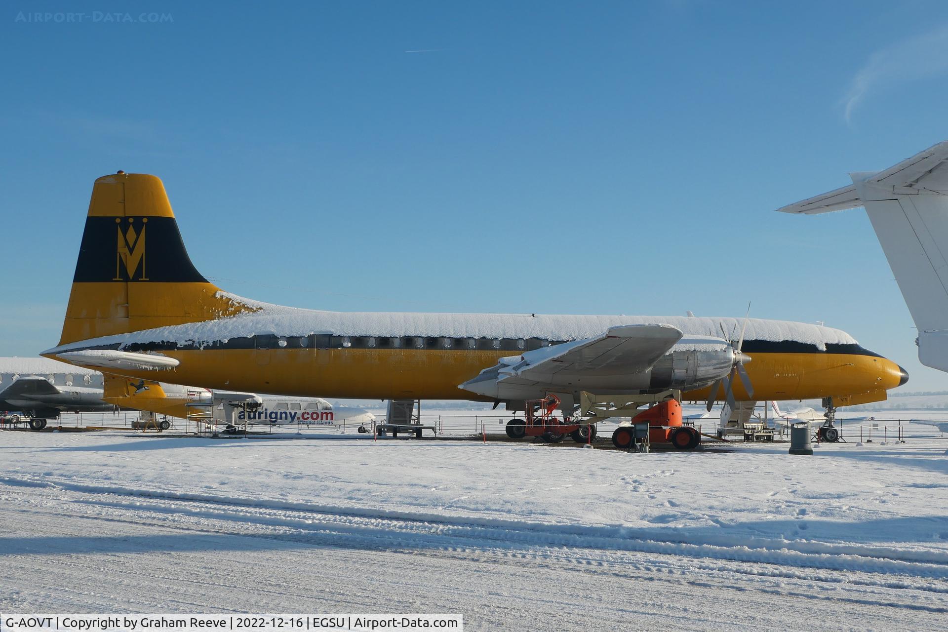 G-AOVT, 1958 Bristol 175 Britannia 312 C/N 13427, Parked at Duxford in the snow.
