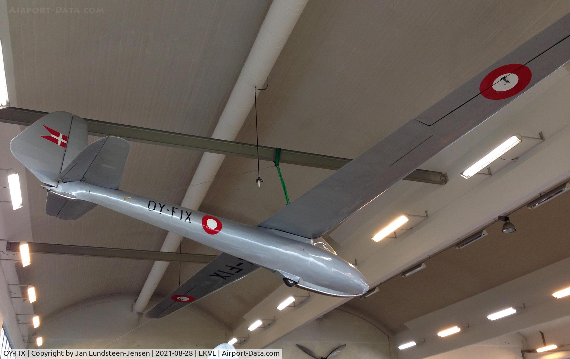 OY-FIX, 1947 Eliotts of Newbury EoN Olympia Series 2 C/N EoN/056, Olympia OY-FIX seen under the roof in Hangar 2 at Vaerloese, Denmark. Ex Royal Danish Air Force 96-963 and Z-963. Today owned by Danish Glider History Club. Except for registration numbers, OY-FIX is painted in a colour scheme it wore in the air force.