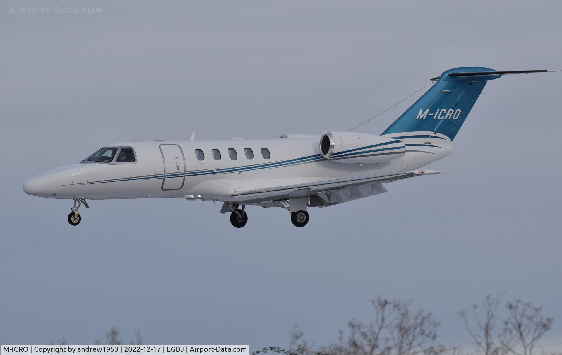 M-ICRO, 2017 Cessna 525C CitationJet CJ4 C/N 525C-0257, M-ICRO landing at Gloucestershire Airport.