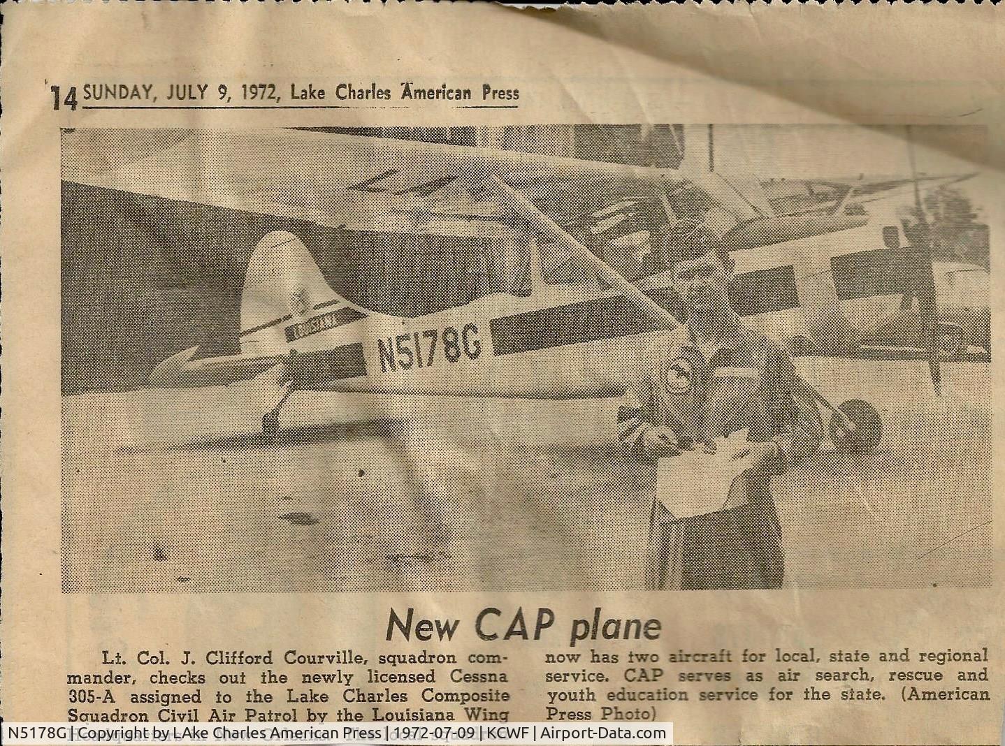 N5178G, 1951 Cessna L-19A Bird Dog C/N 22242, Picture of new Civil Air Patrol Bird Dog, Lake Charles Composite Squadron. This was an Army surplus aircraft, originally in OD Green paint, that was stripped and prepped by the cadets. This fine aircraft was flown in many SAR missions and cadet flights.