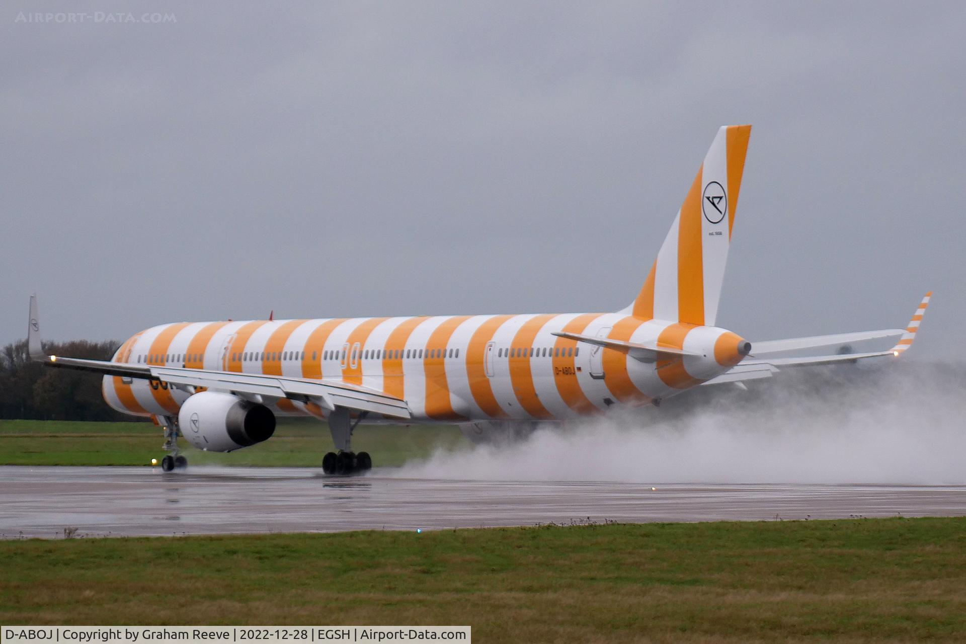 D-ABOJ, 2000 Boeing 757-330 C/N 29019, Departing Norwich after a re-spray.