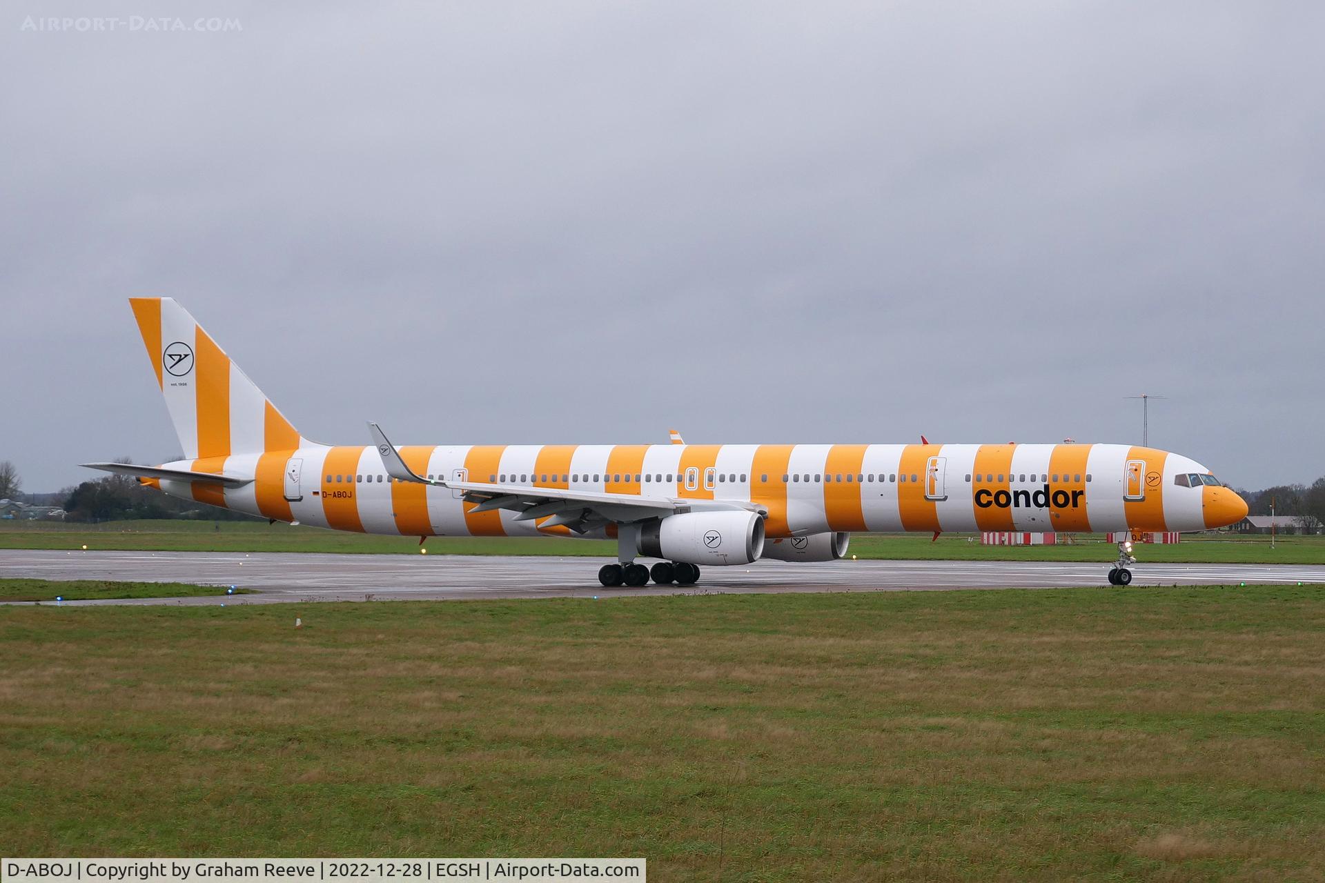 D-ABOJ, 2000 Boeing 757-330 C/N 29019, Departing Norwich after a re-spray.