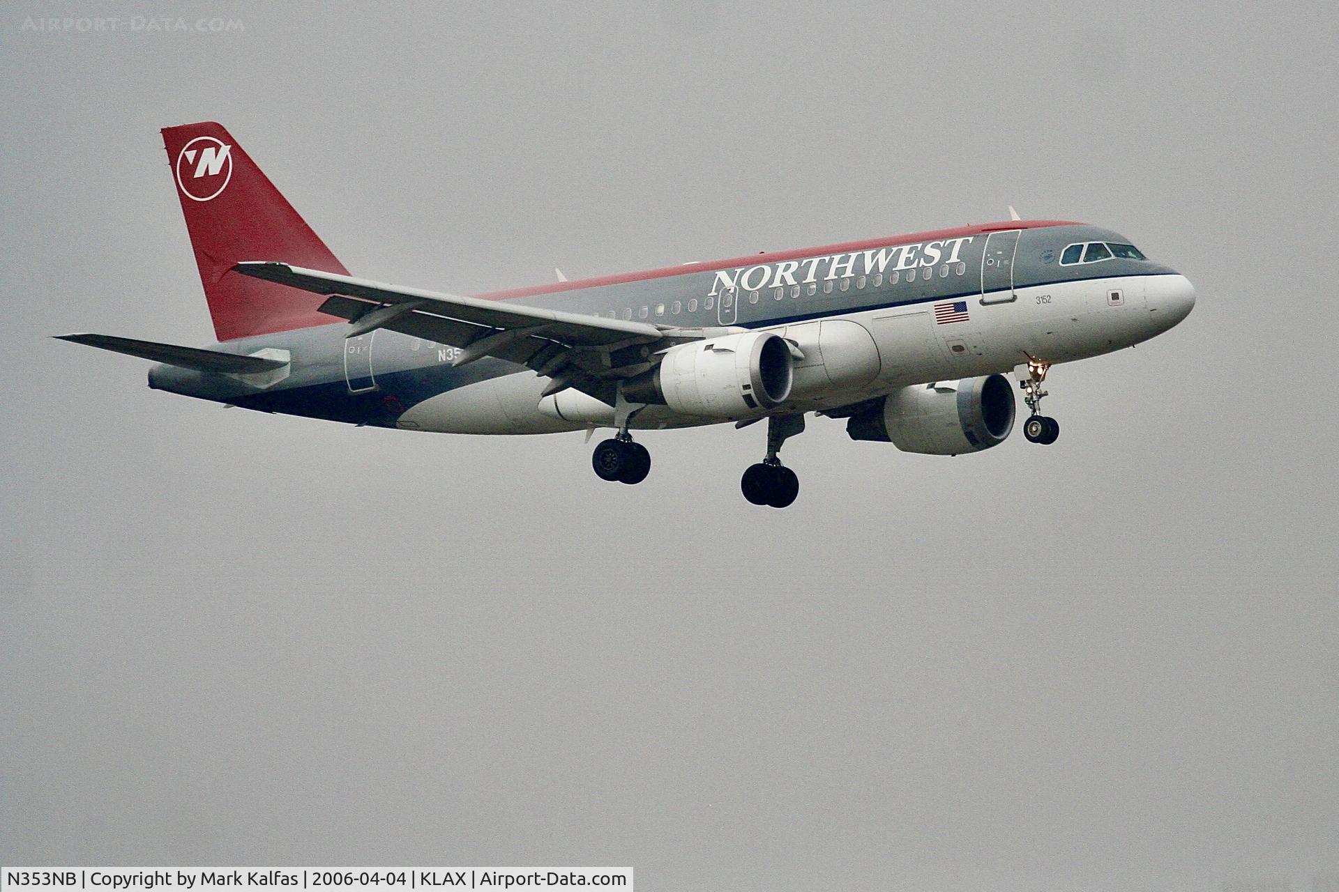 N353NB, 2002 Airbus A319-114 C/N 1828, Northwest Airbus A319-114, N353NB in weather on approach to 7R LAX