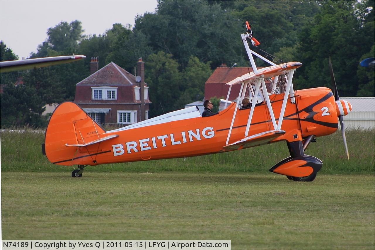 N74189, 1941 Boeing PT-17/R985 Kaydet (A75N1) C/N 75-717, Boeing PT-17, Taxiing, Cambrai-Niergnies Airfield (LFYG) open day Tiger Meet 2011