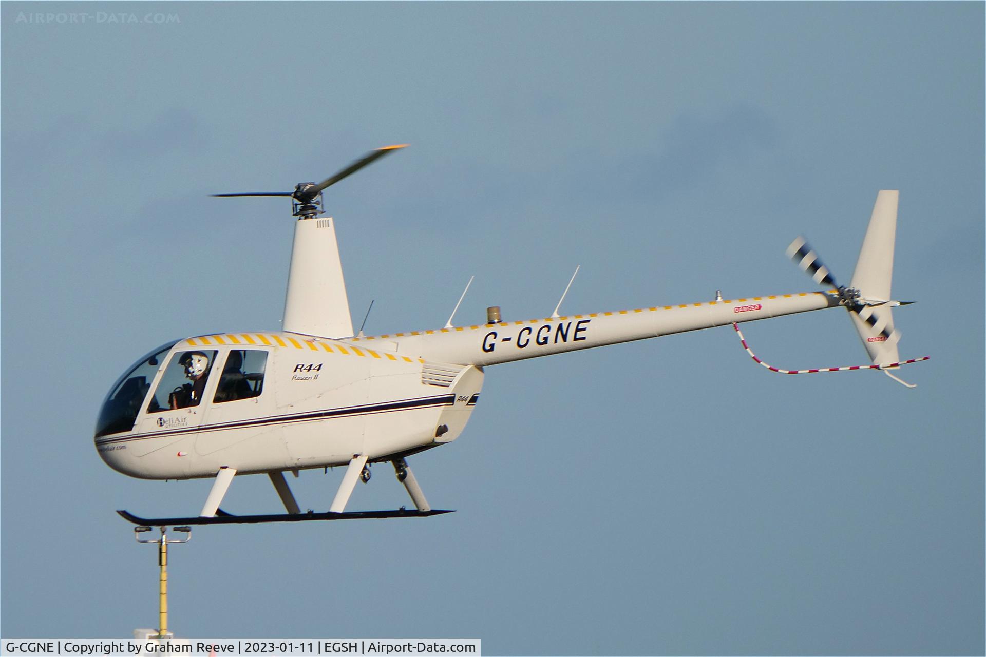 G-CGNE, 2010 Robinson R44 Raven II C/N 12952, Departing from Norwich.