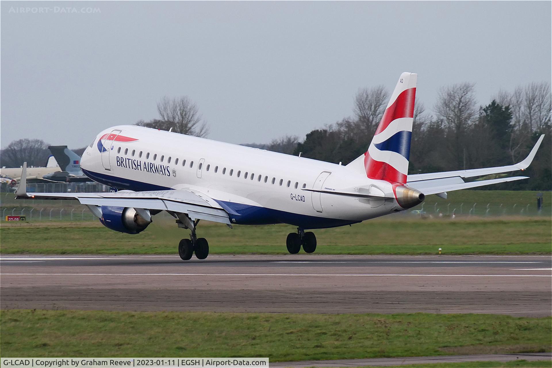 G-LCAD, 2012 Embraer ERJ 190-100LR C/N 19000535, Landing at Norwich.