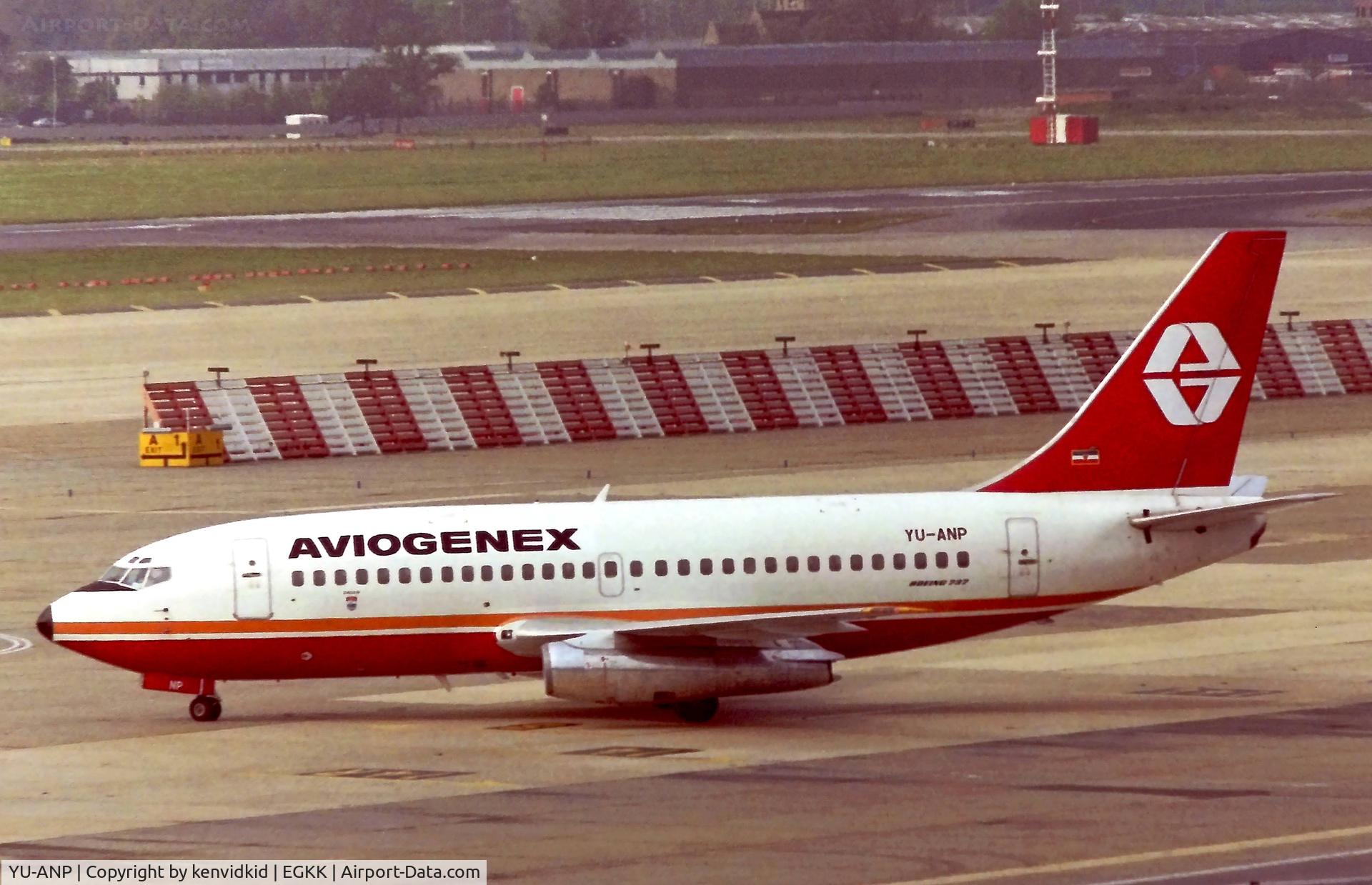 YU-ANP, 1987 Boeing 737-2K3 C/N 23912, At London Gatwick early 1992.