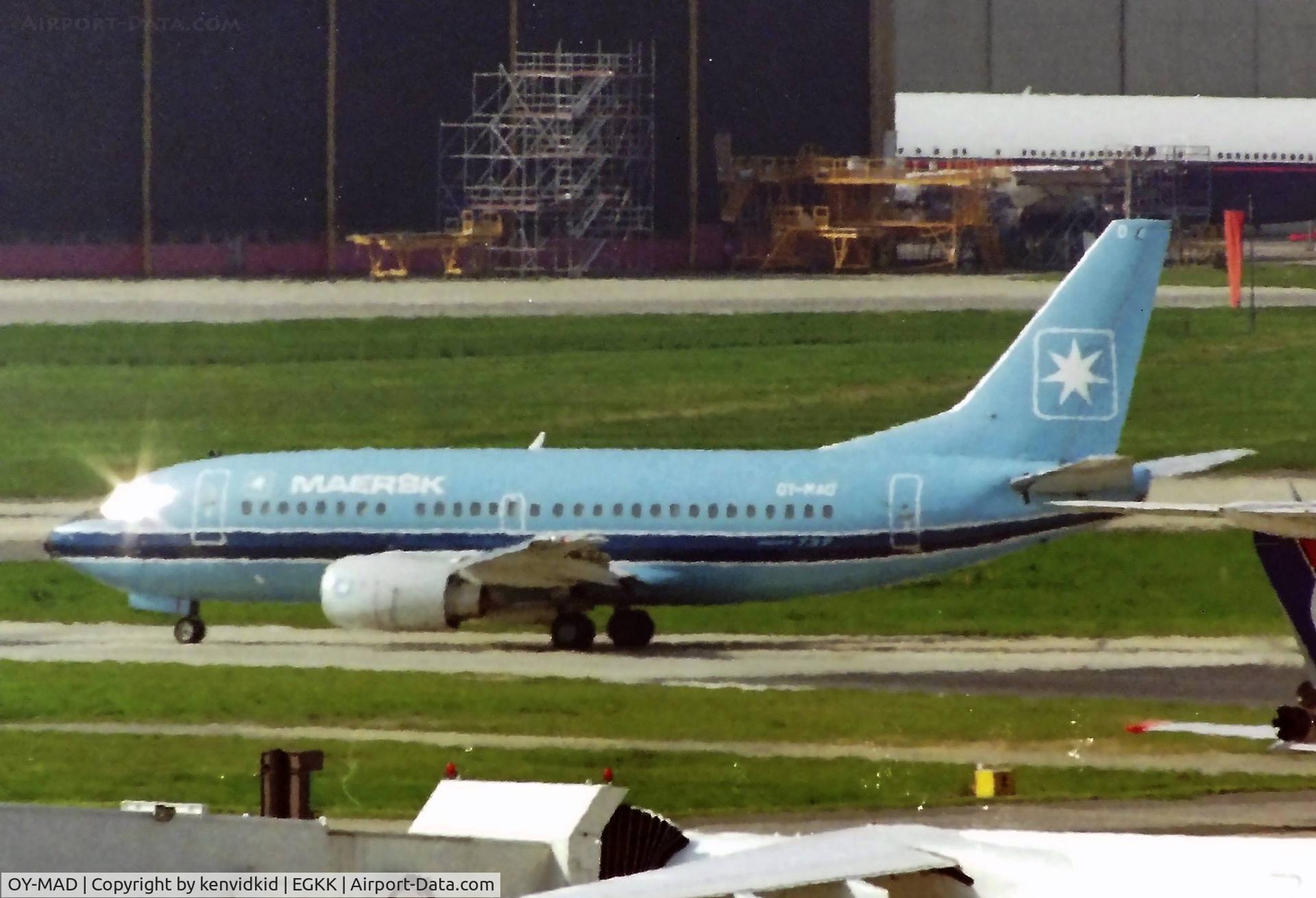 OY-MAD, 1990 Boeing 737-5L9 C/N 24928, At London Gatwick early 1992.