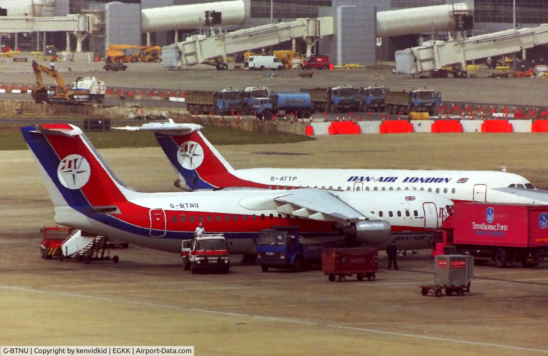 G-BTNU, 1990 British Aerospace BAe.146-300 C/N E3155, At London Gatwick early 1992.