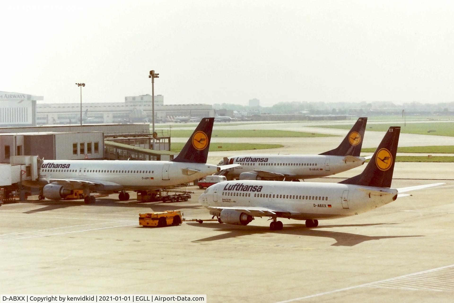 D-ABXX, 1989 Boeing 737-330 C/N 24562, At London Heathrow early 1990''s
