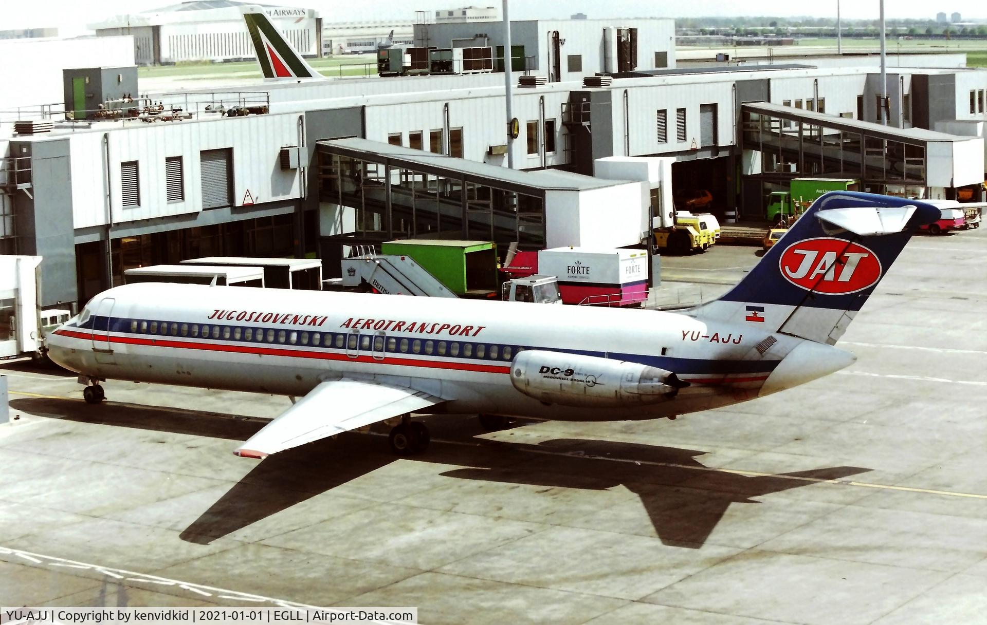 YU-AJJ, 1973 Douglas DC-9-32 C/N 47567, At London Heathrow early 1990''s