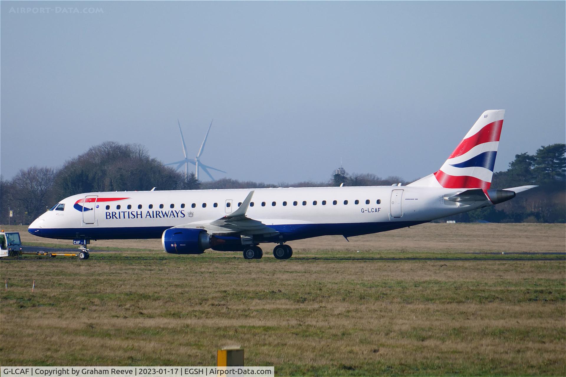 G-LCAF, 2012 Embraer 190LR (ERJ-190-100LR) C/N 19000548, Under tow at Norwich.