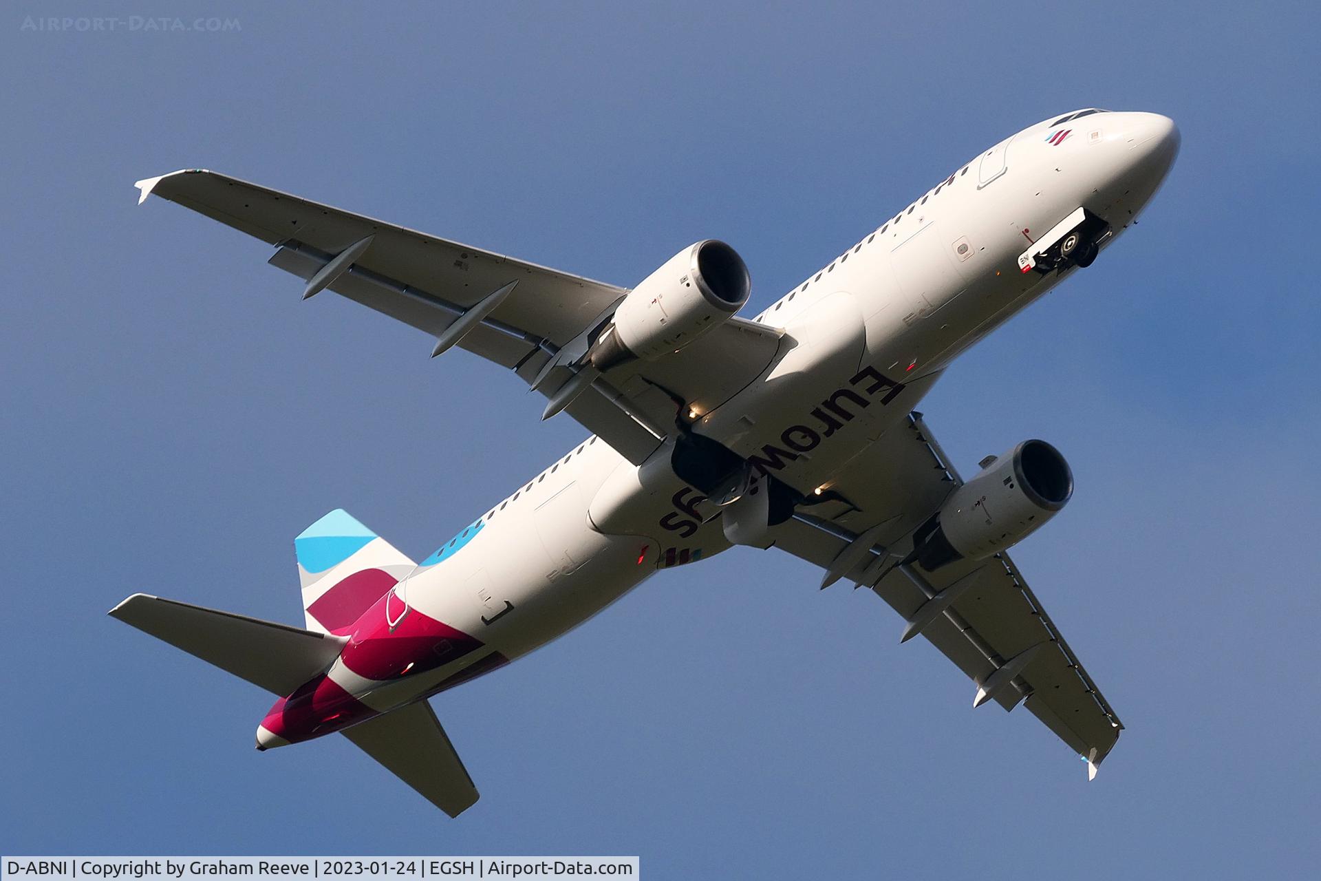 D-ABNI, 2002 Airbus A320-214 C/N 1717, Departing from Norwich.