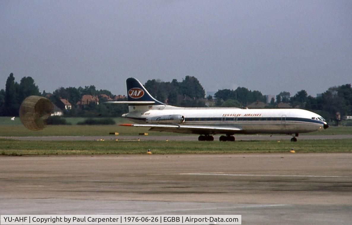 YU-AHF, 1967 Sud Aviation SE-210 Caravelle VI-N C/N 218, YU-AHF arriving at Birmingham airport, BHX, EGBB, UK on Saturday 26th June 1976. A very hot day and the aircraft is shown with the braking arrester chute deployed. My photo.