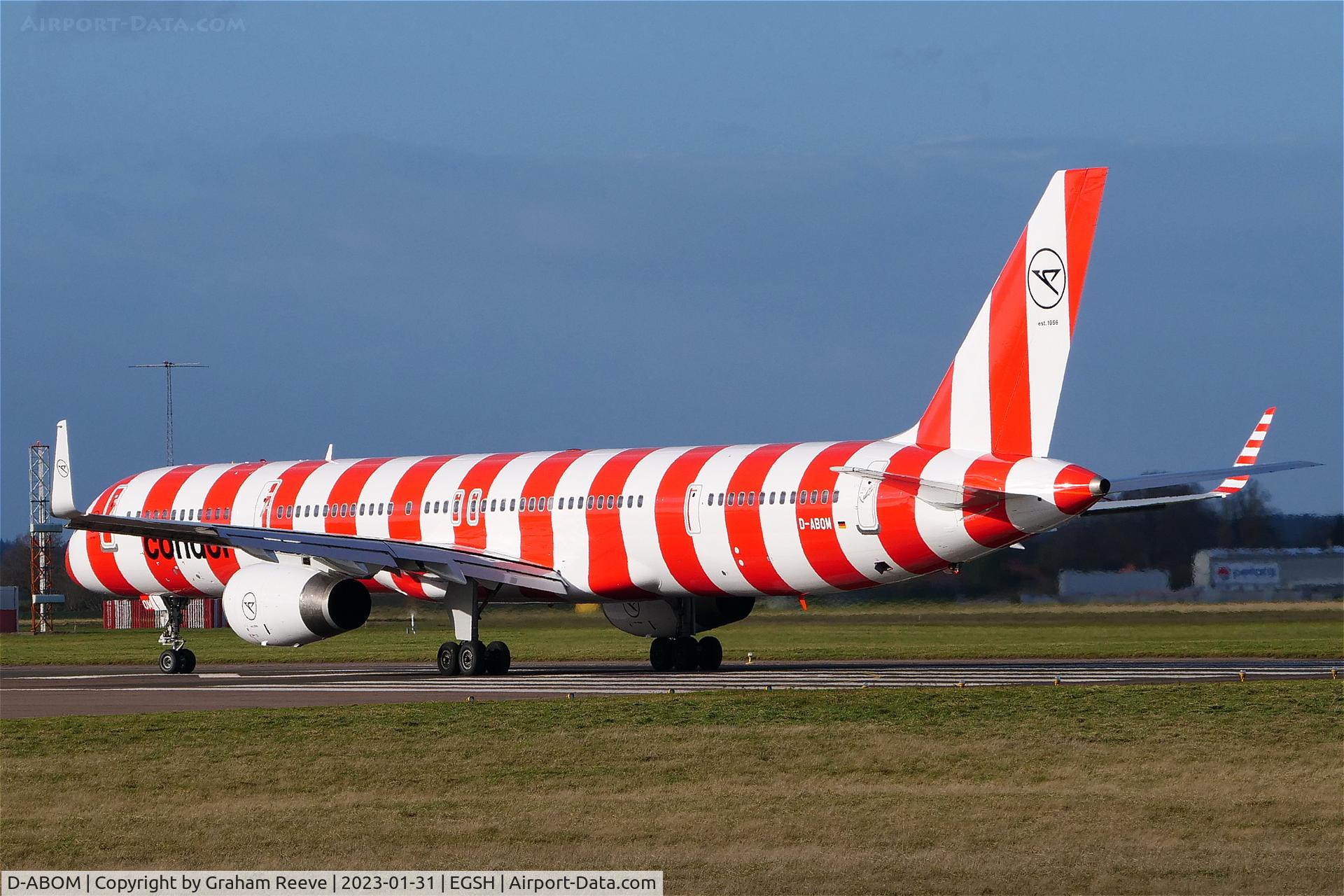 D-ABOM, 2000 Boeing 757-330 C/N 29022, Departing from Norwich after a re-spray.
