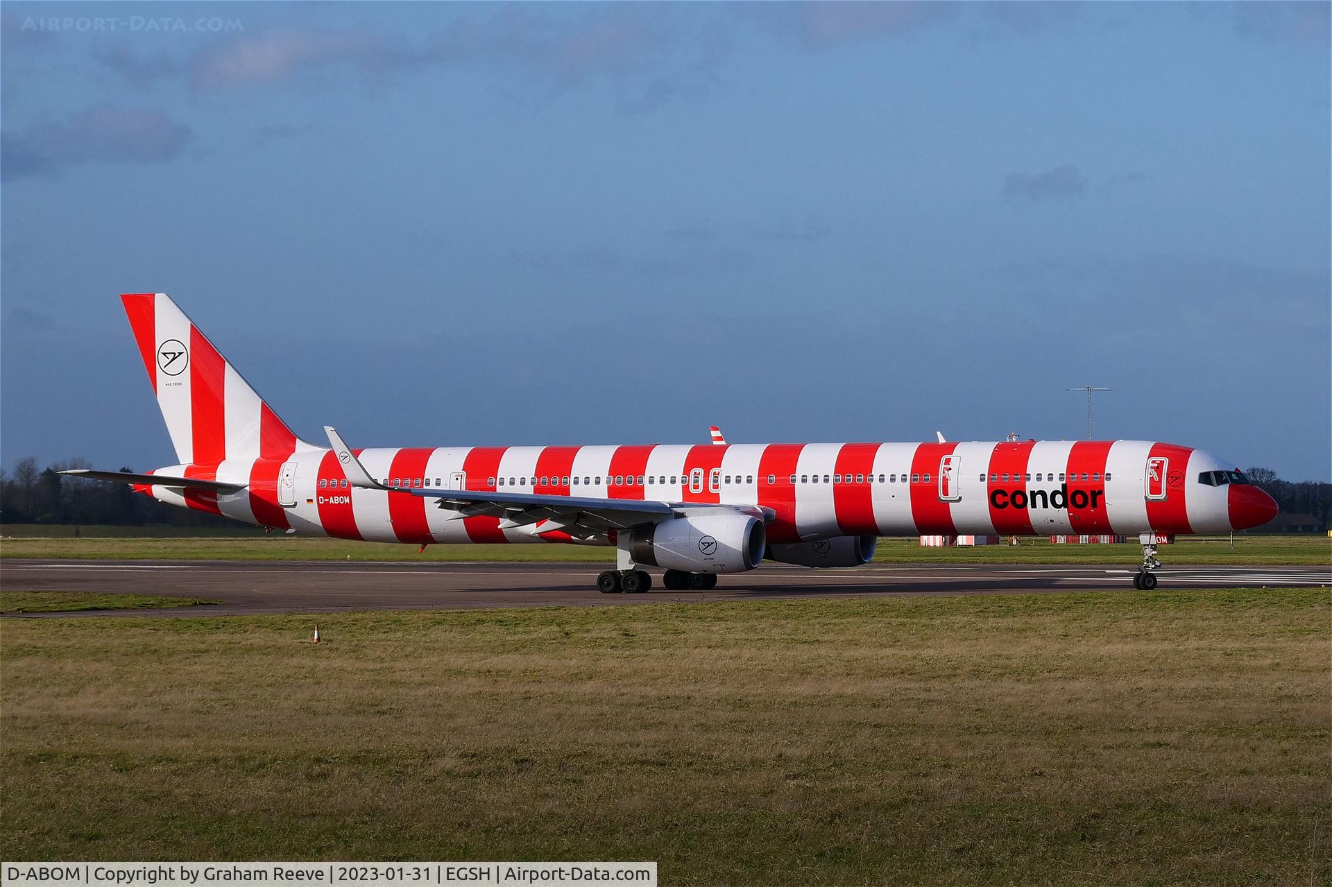 D-ABOM, 2000 Boeing 757-330 C/N 29022, Departing from Norwich after a re-spray.