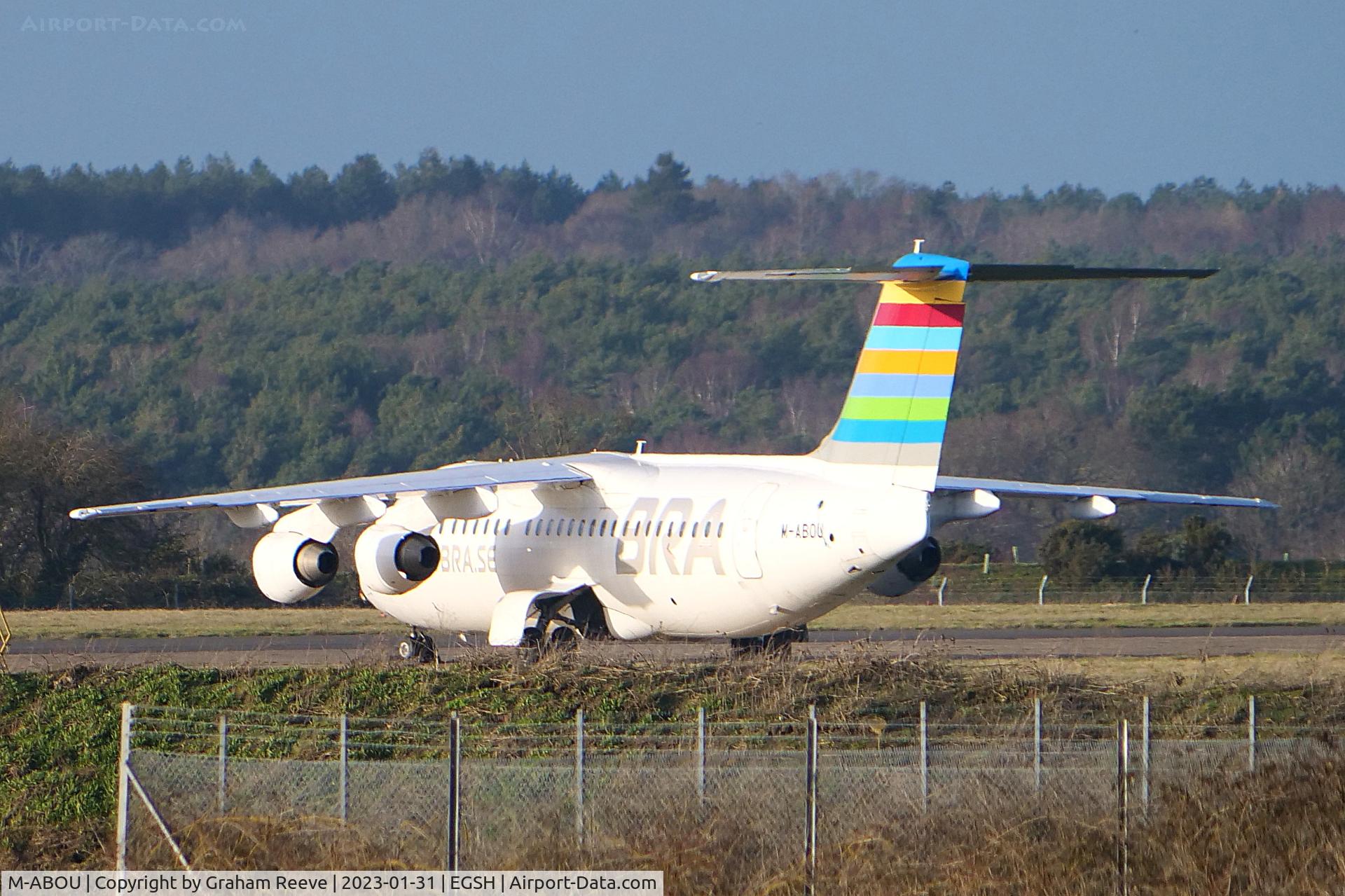 M-ABOU, 1994 British Aerospace Avro 146-RJ100 C/N E3248, Parked at Norwich.