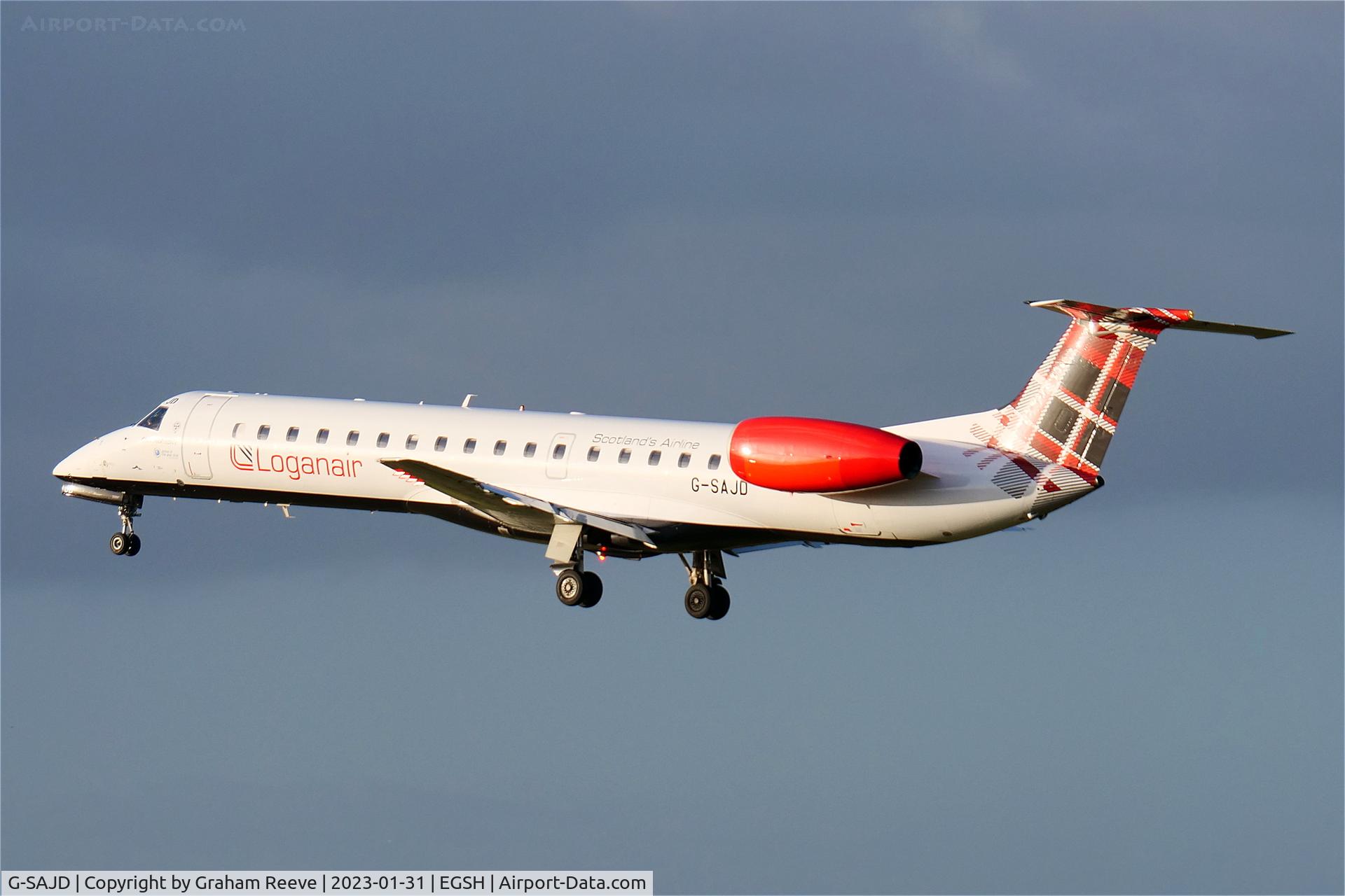 G-SAJD, 2001 Embraer EMB-145EP (ERJ-145EP) C/N 145454, Landing at Norwich.