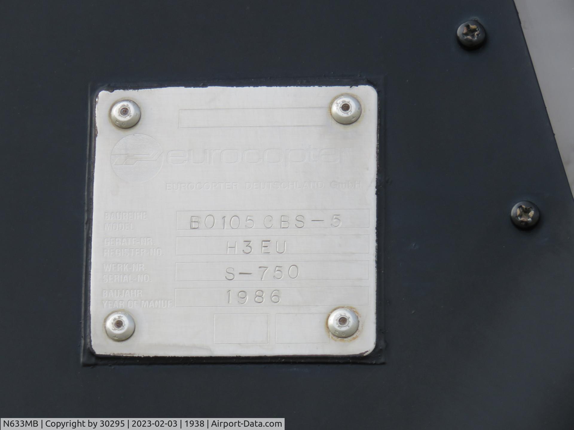 N633MB, 1986 MBB Bo-105CBS-5 C/N S-750, ID plate