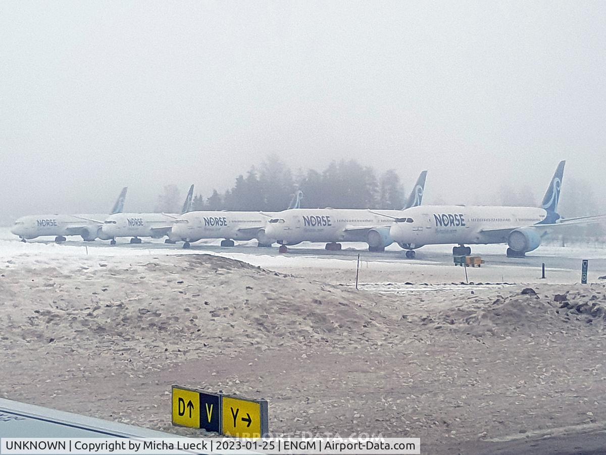 UNKNOWN, , Norse B787-9s parked at a foggy Gardermoen