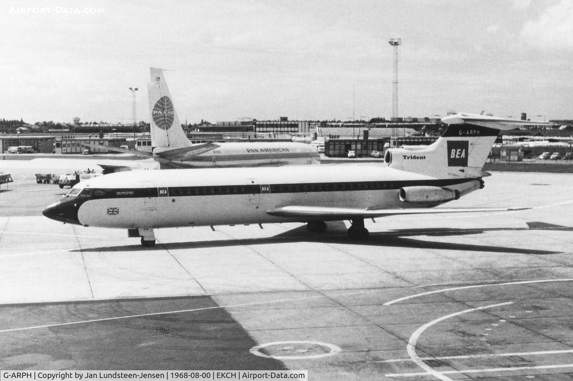 G-ARPH, 1964 Hawker Siddeley HS-121 Trident 1C C/N 2108, Trident G-ARPH from British European Airways seen taxiing to the terminal stand at Copenhagen-Kastrup Airport in 1968. In BEA/British Airways service 1964-1982. The cockpit section is now on display at Museum of Flight, East Fortune, Scotland.