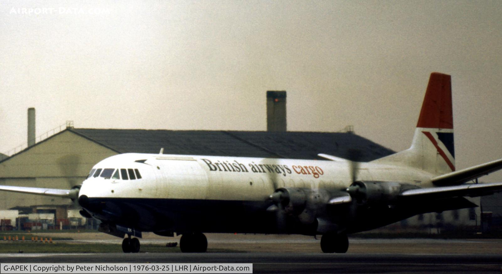 G-APEK, 1961 Vickers V953C Merchantman C/N 714, British Airways Merchantman as seen at London Heathrow in the Spring of 1976