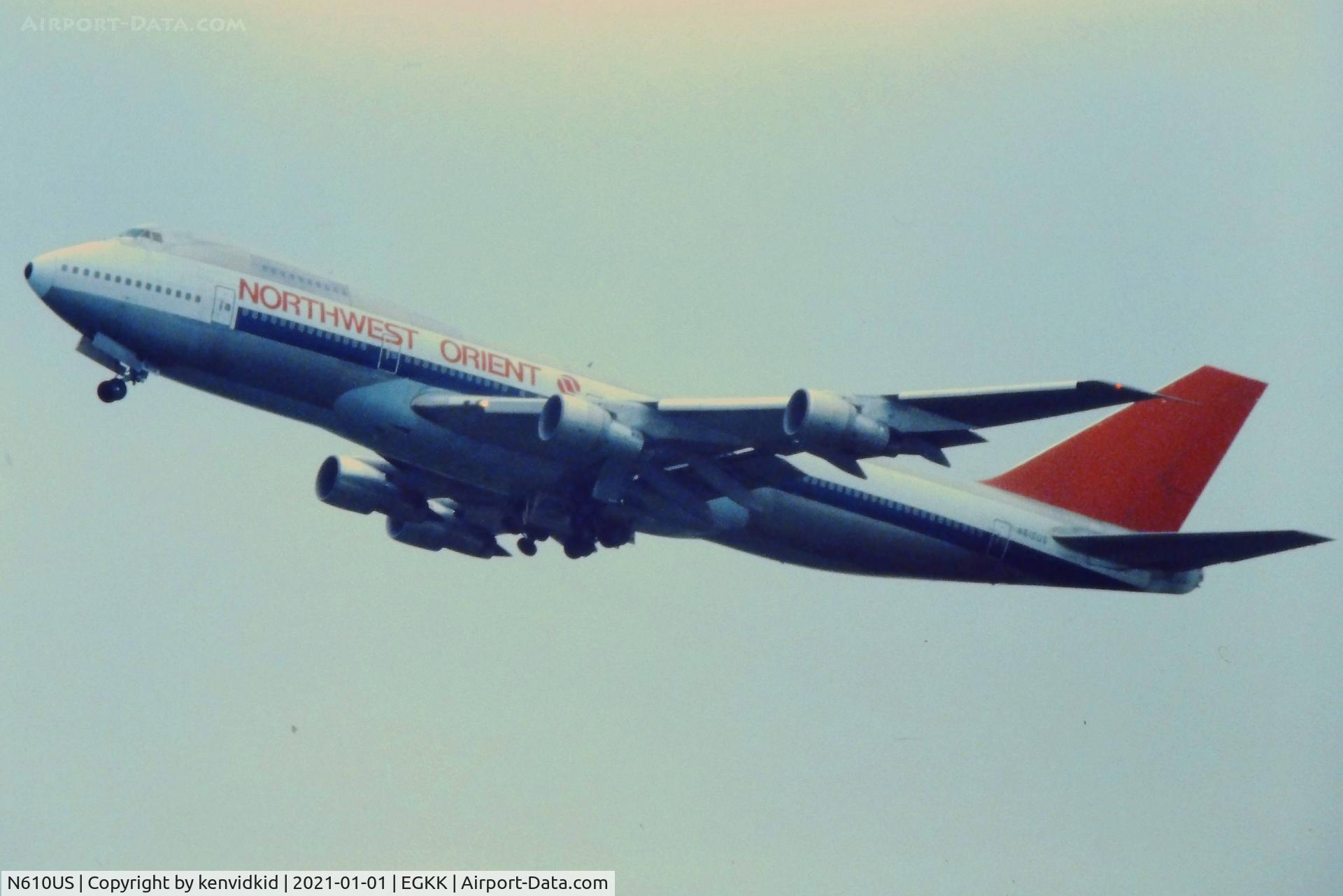N610US, 1970 Boeing 747-151 C/N 19787, Departing London Gatwick, early 1980s