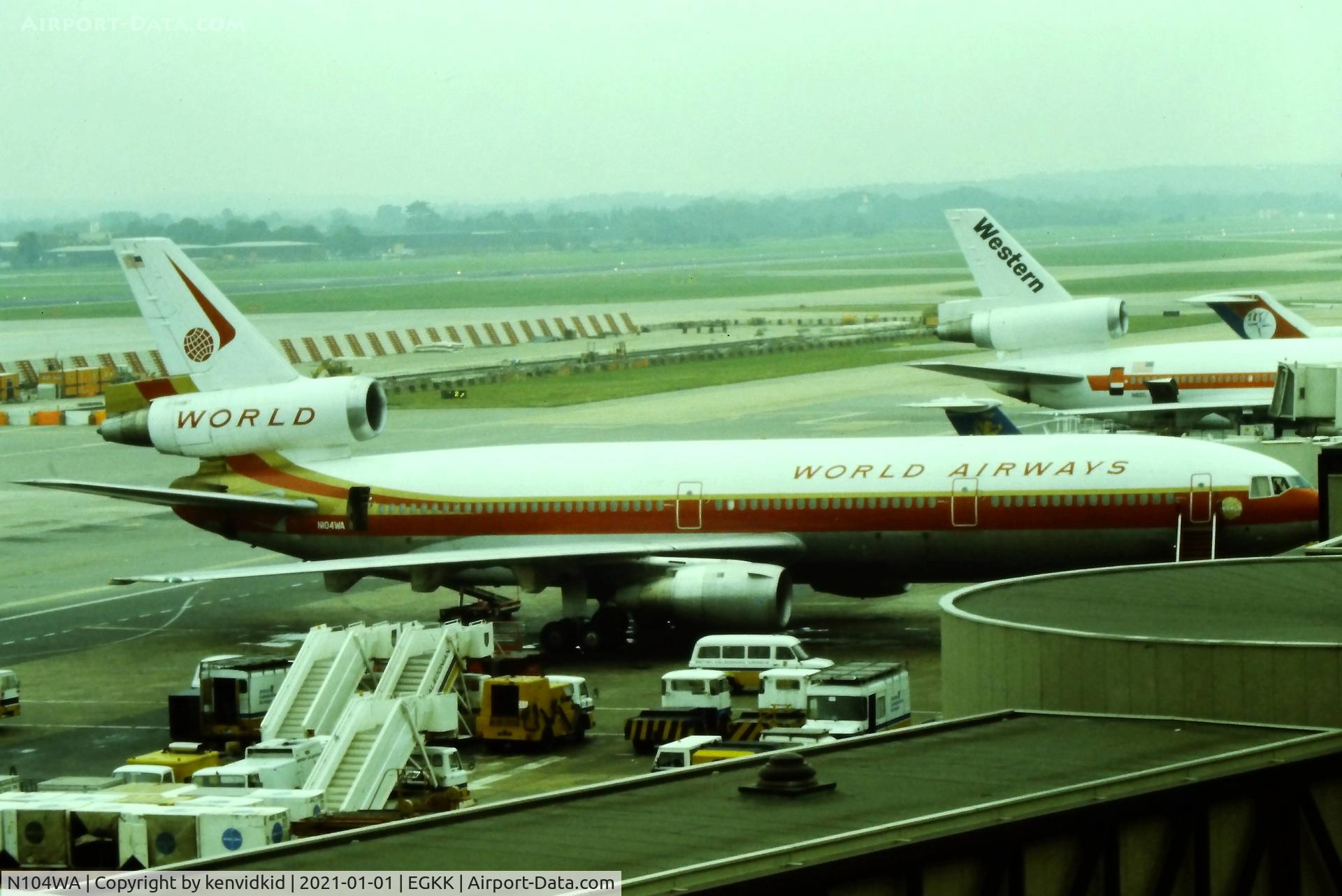 N104WA, 1973 McDonnell Douglas DC-10-10 C/N 46727, At London Gatwick, early 1980's.