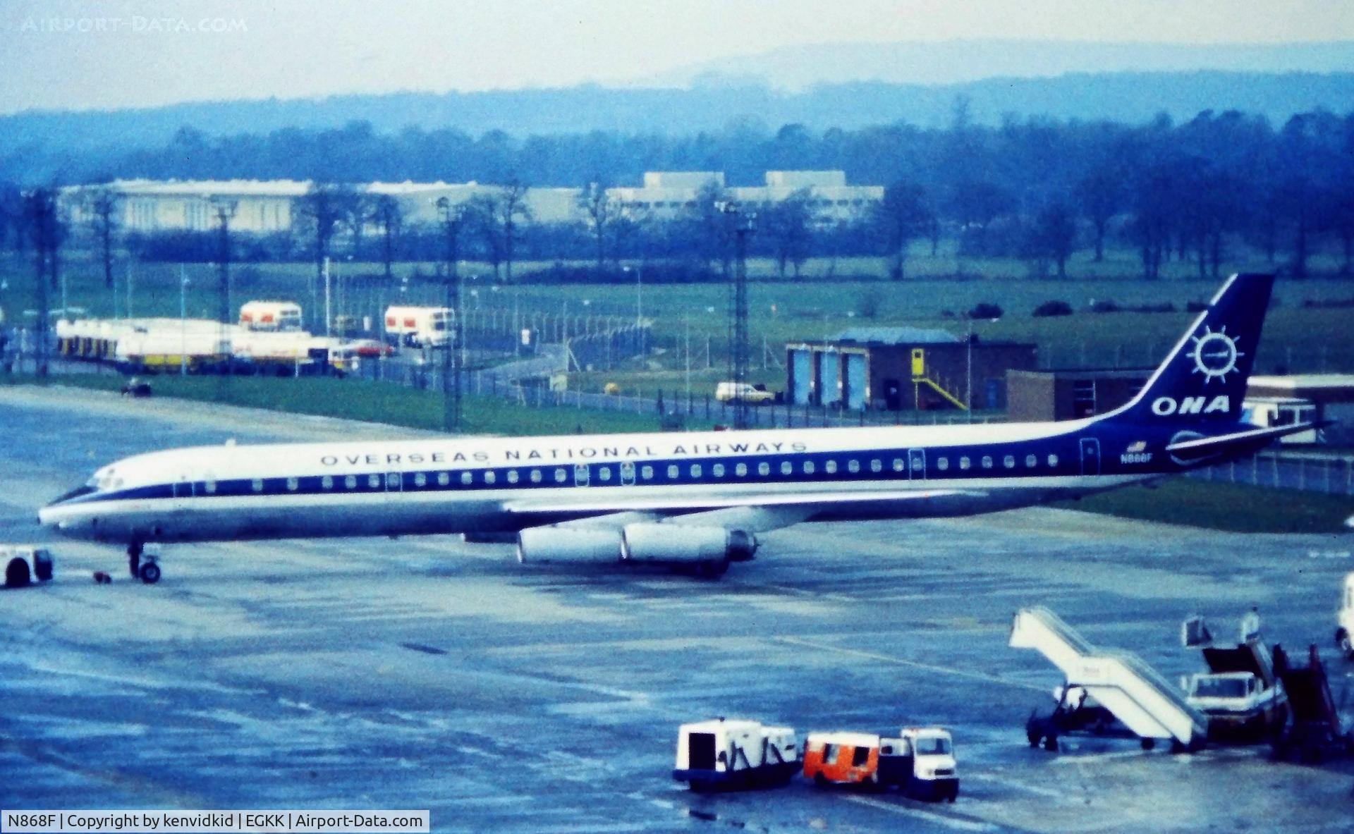 N868F, 1968 Douglas DC-8-61CF C/N 45950, At London Gatwick, early 1980's.