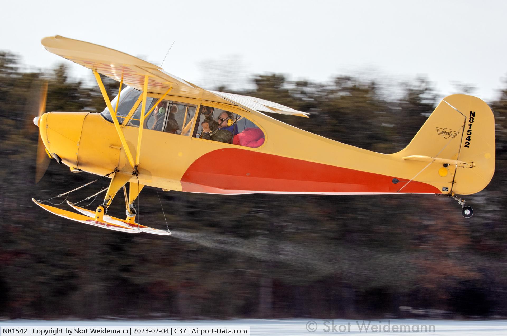 N81542, 1945 Aeronca 7AC Champion C/N 7AC-161, Aeronca N81542 hopping rides at the EAA Chapter 431 Groundhof Chili Skit Fly-In Feb 4, 2023.