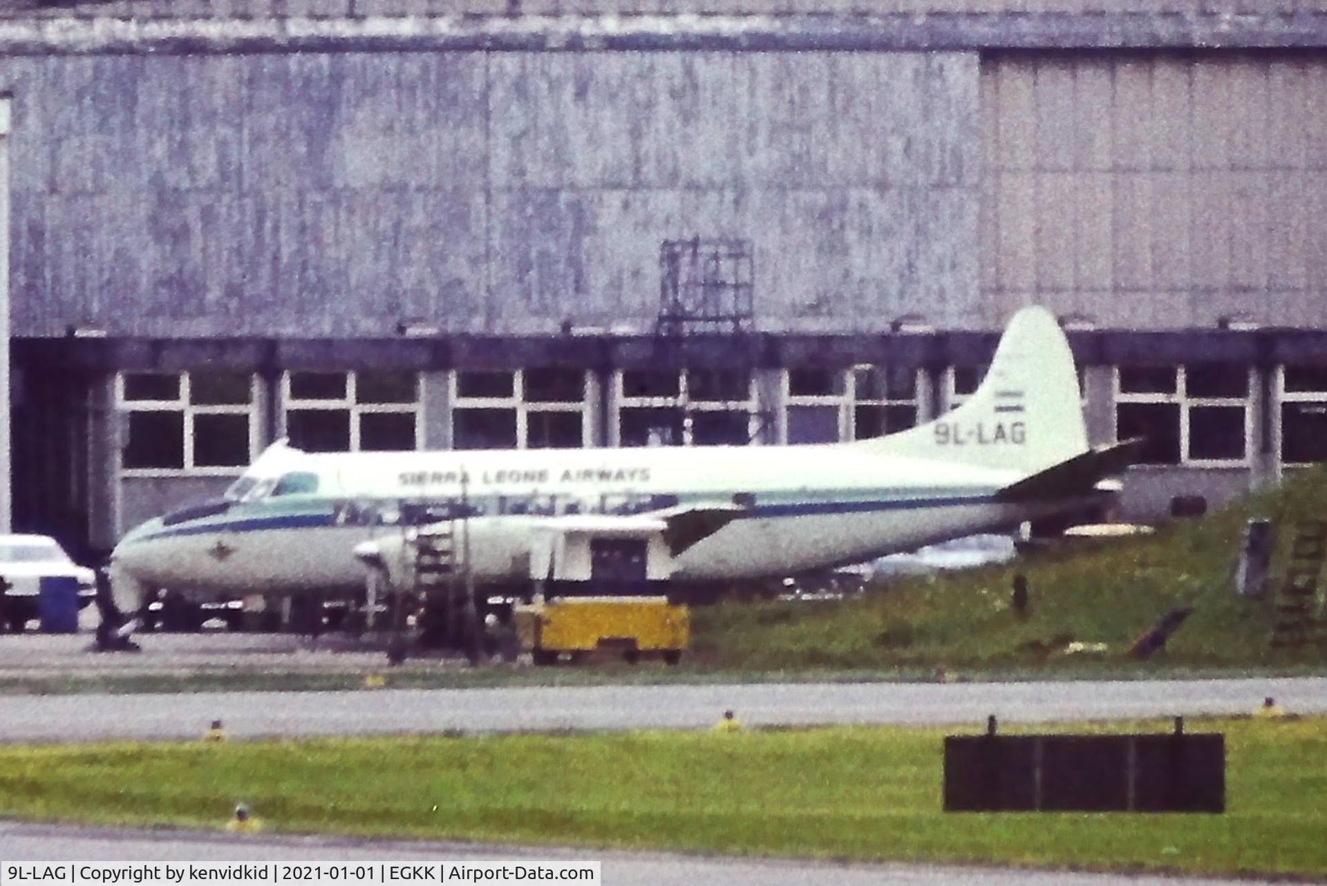9L-LAG, 1953 De Hailland Heron 1B C/N 14019, At London Gatwick, early 1980's, was to have been converted by Saunders Canada, but scrapped.