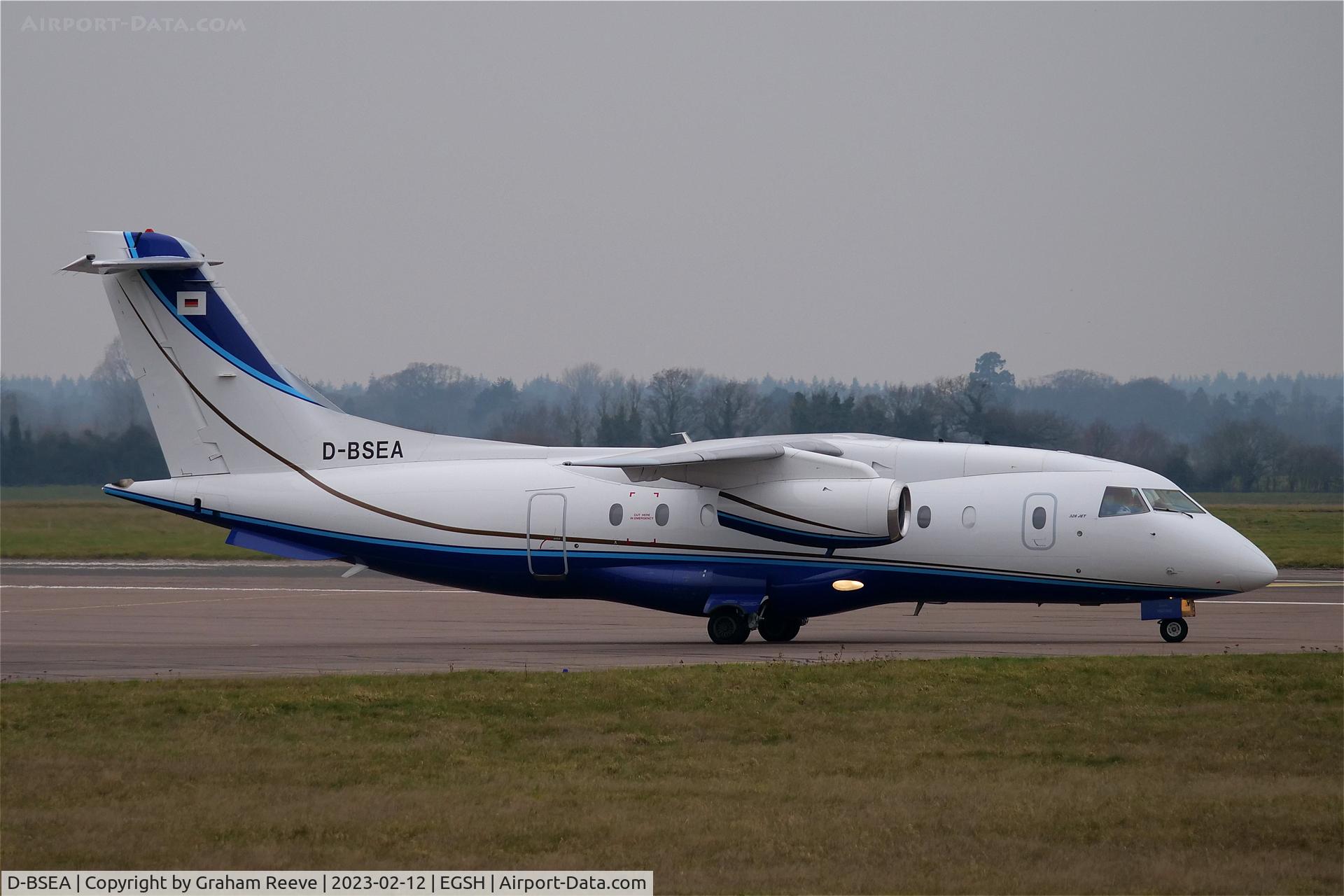 D-BSEA, 2001 Dornier Do328JET C/N 3176, Departing from Norwich.