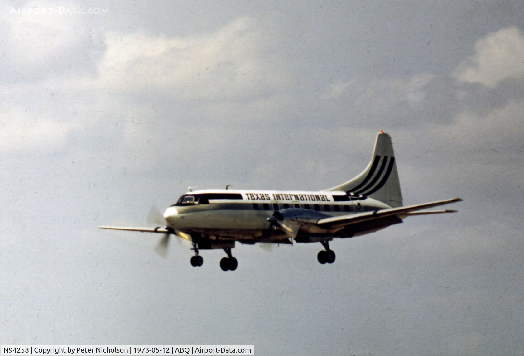 N94258, 1948 Convair 600-240D C/N 119, Convair of Texas International on approach to Albuquerque, New Mexico in May 1973