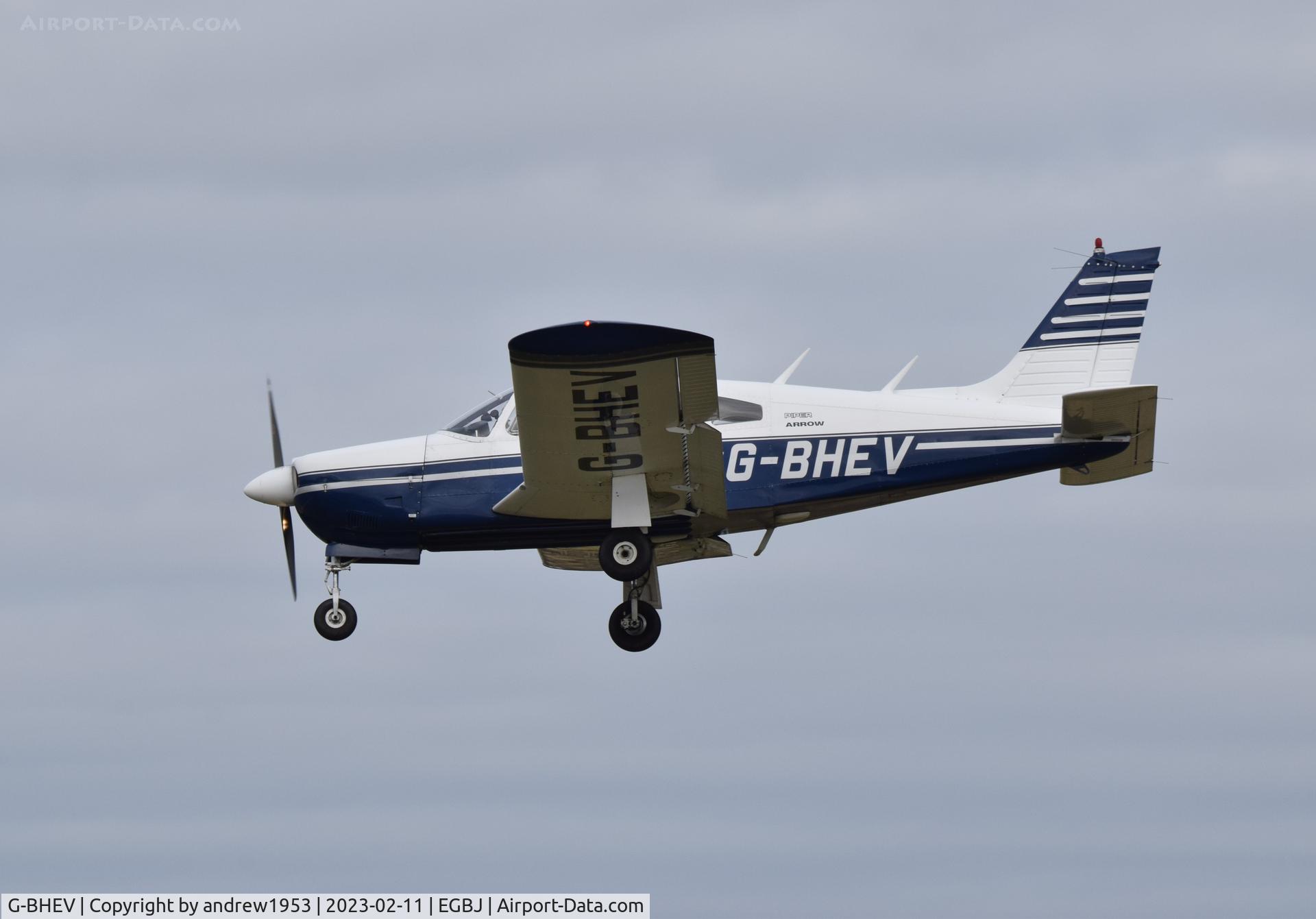 G-BHEV, 1974 Piper PA-28R-200-2 Cherokee Arrow II C/N 28R-7435159, G-BHEV at Gloucestershire Airport.
