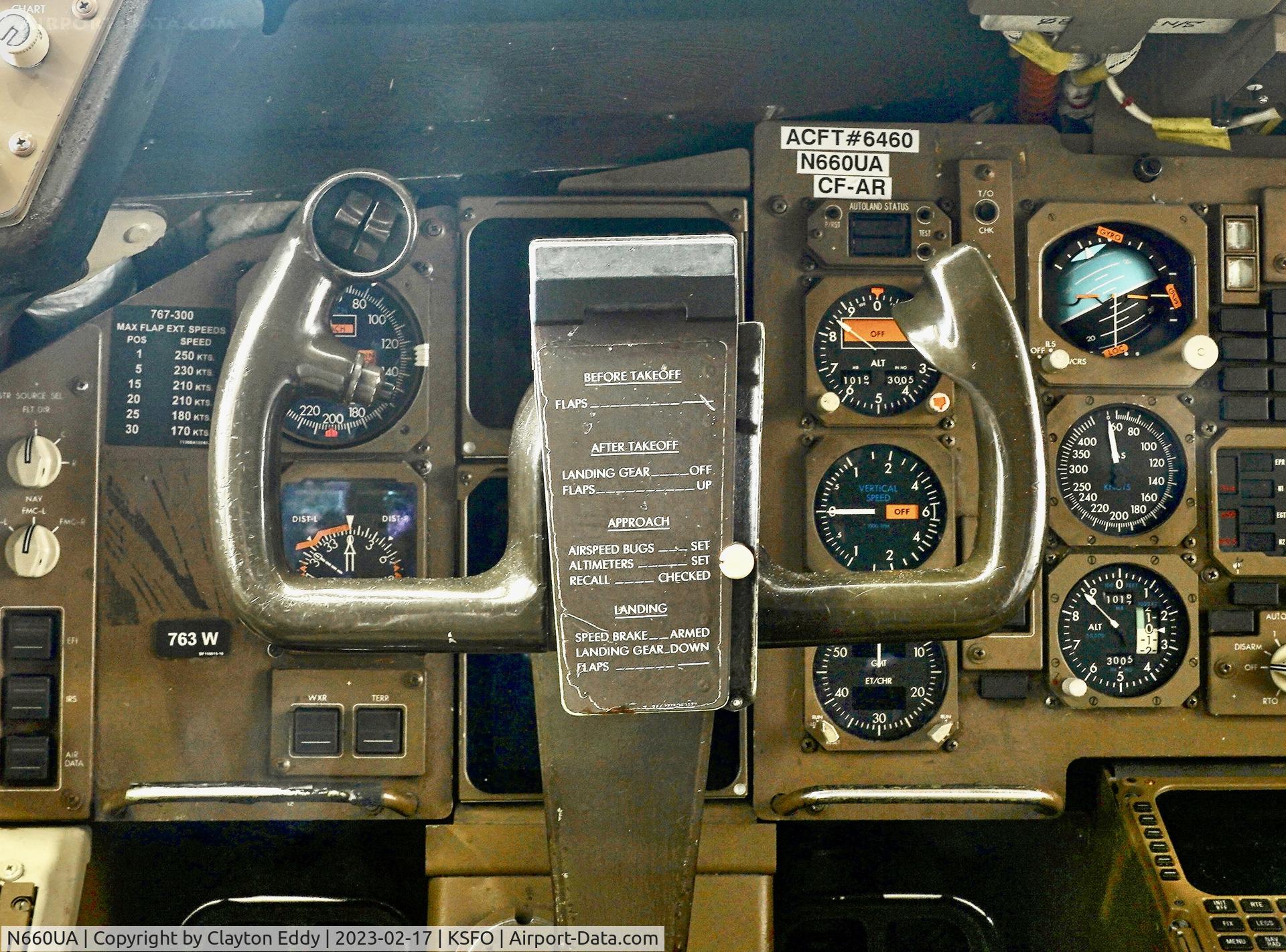 N660UA, 1993 Boeing 767-322/ER C/N 27115, Flightdeck. SFO 2023.