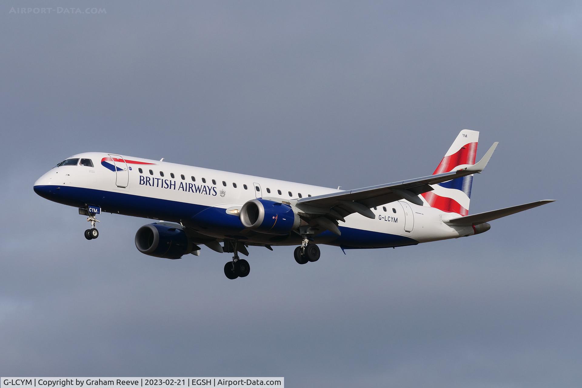 G-LCYM, 2010 Embraer 190SR (ERJ-190-100SR) C/N 19000351, Landing at Norwich.